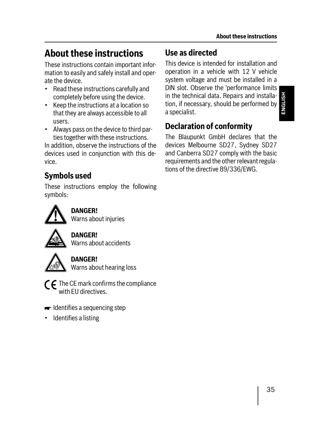 Blaupunkt 7 647 523 310 About these instructions, Symbols used, Use as directed, Declaration of conformity 