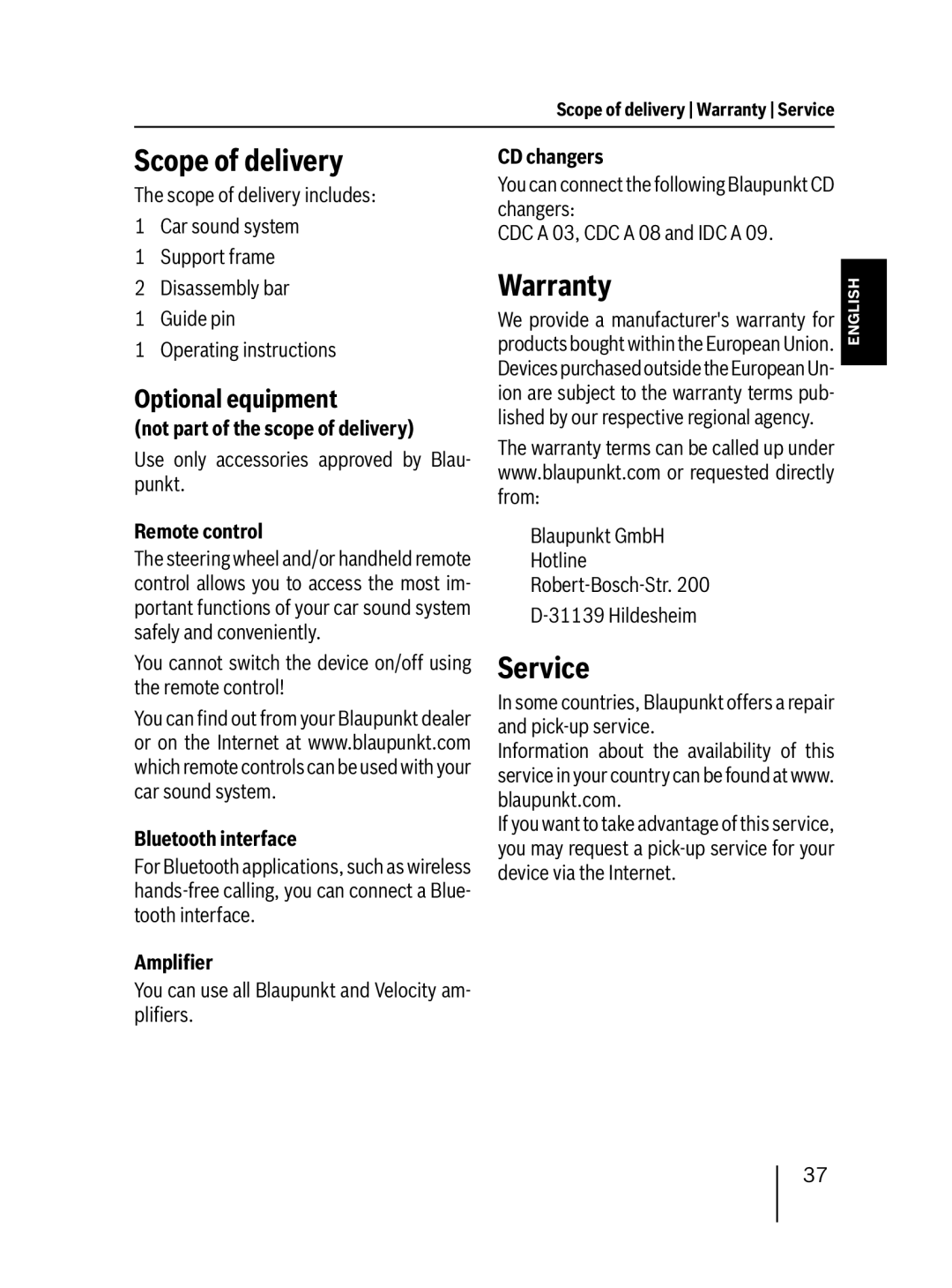 Blaupunkt 7 647 523 310 installation instructions Scope of delivery, Warranty, Service, Optional equipment 