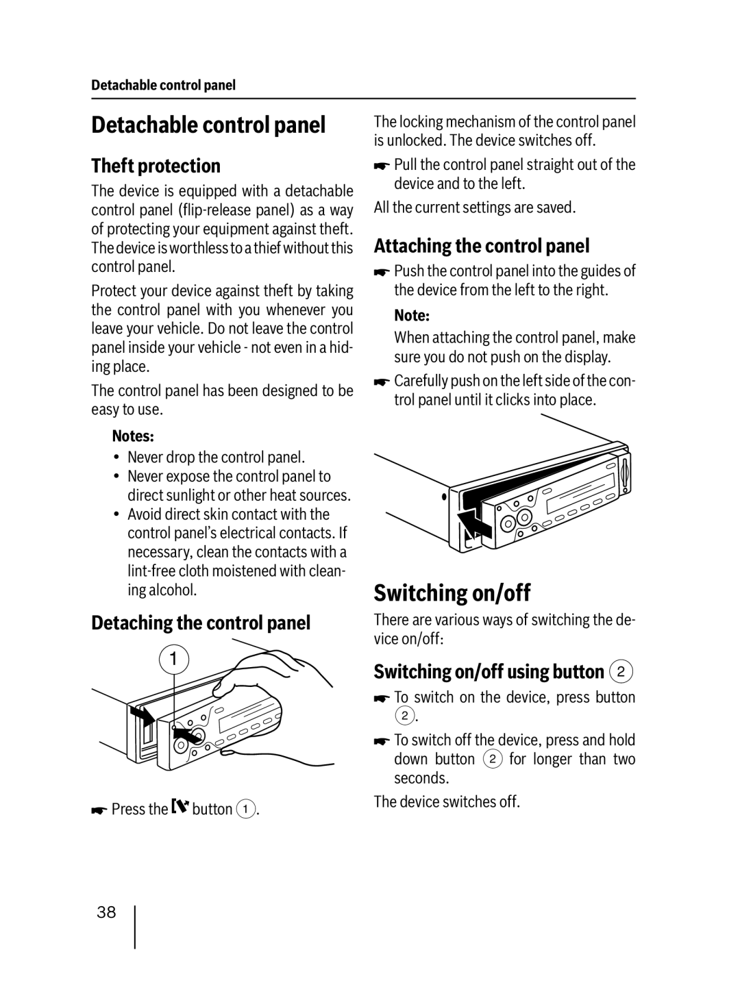 Blaupunkt 7 647 523 310 installation instructions Detachable control panel, Switching on/off 