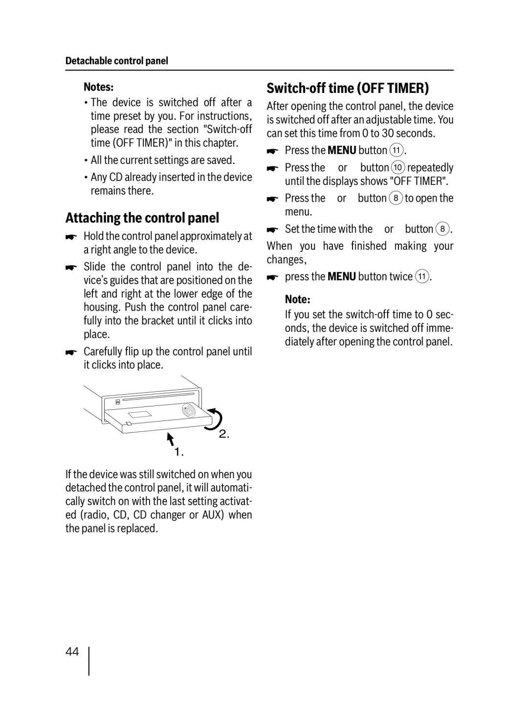 Blaupunkt 7 647 553 310 Attaching the control panel, Switch-off time OFF Timer, Press the Menu button 