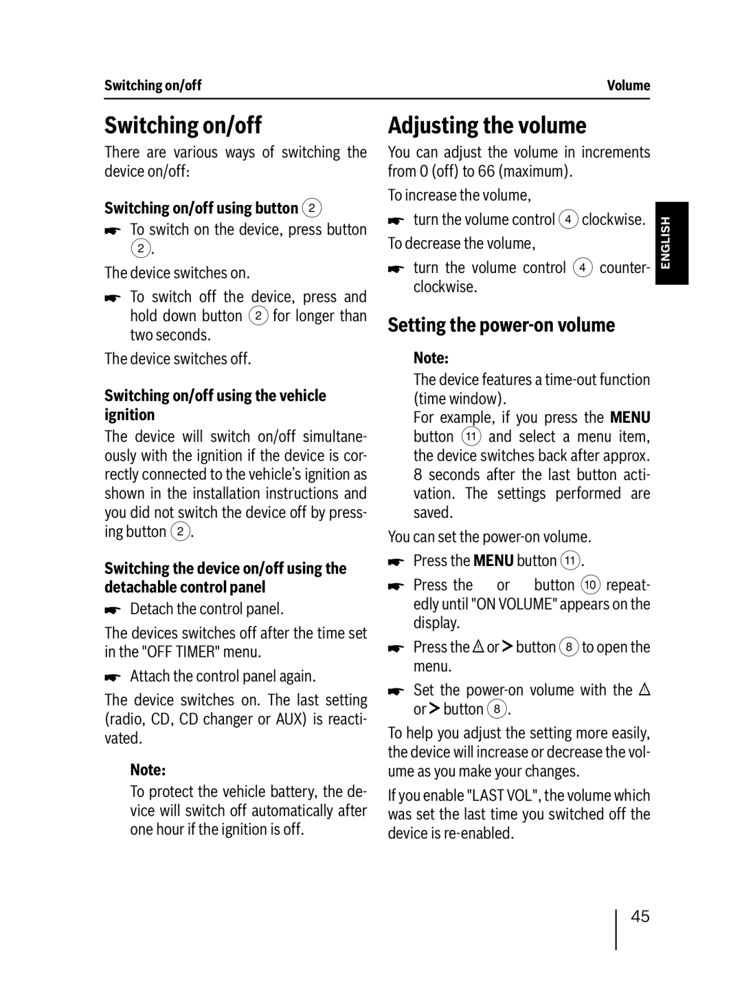 Blaupunkt 7 647 553 310 Adjusting the volume, Setting the power-on volume, Switching on/off using button 