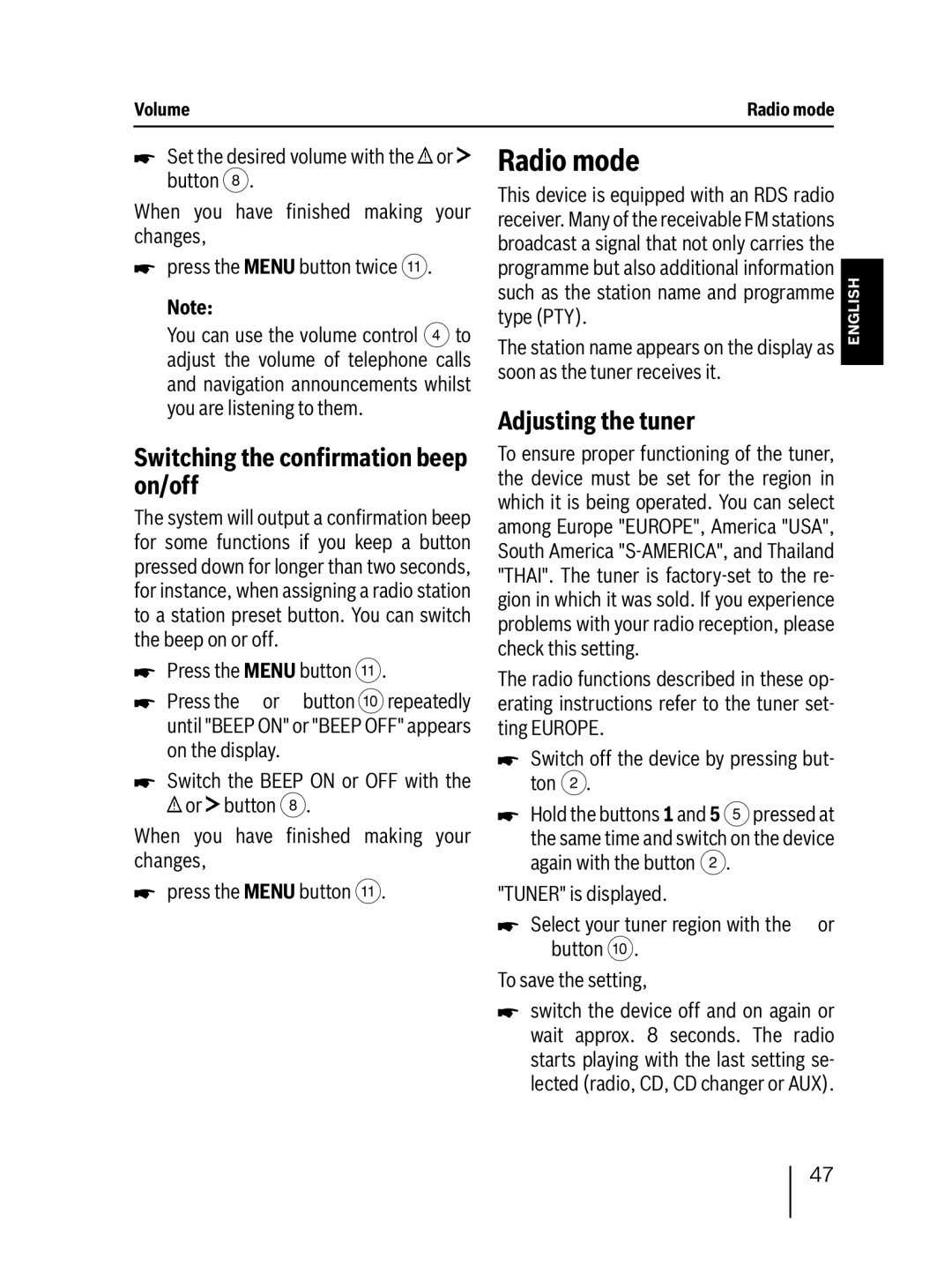 Blaupunkt 7 647 553 310 operating instructions Radio mode, Switching the conﬁrmation beep on/off, Adjusting the tuner 