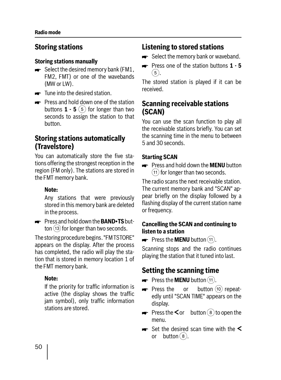 Blaupunkt 7 647 553 310 Storing stations, Listening to stored stations, Scanning receivable stations Scan 