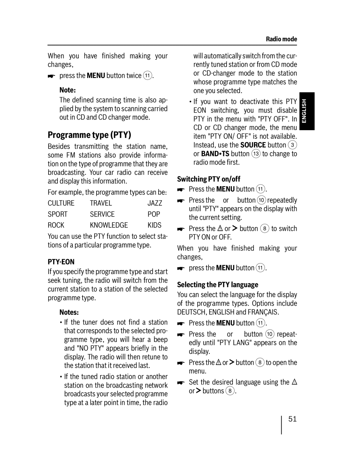 Blaupunkt 7 647 553 310 operating instructions Programme type PTY, Switching PTY on/off, Selecting the PTY language 