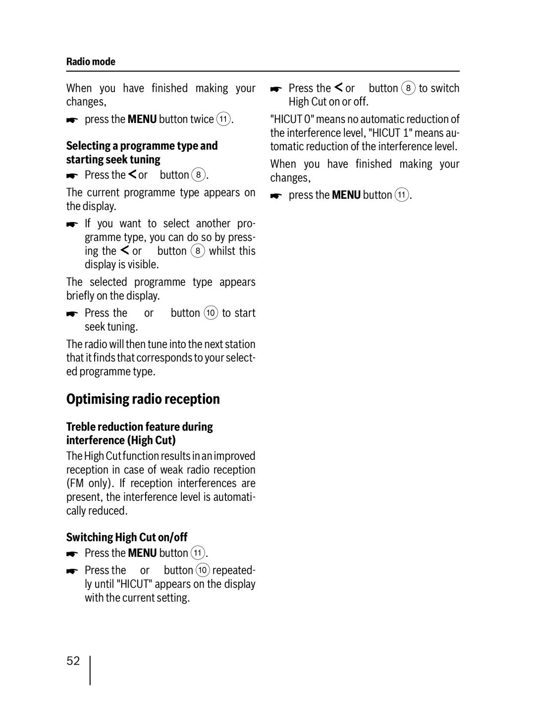 Blaupunkt 7 647 553 310 Optimising radio reception, Selecting a programme type and starting seek tuning 