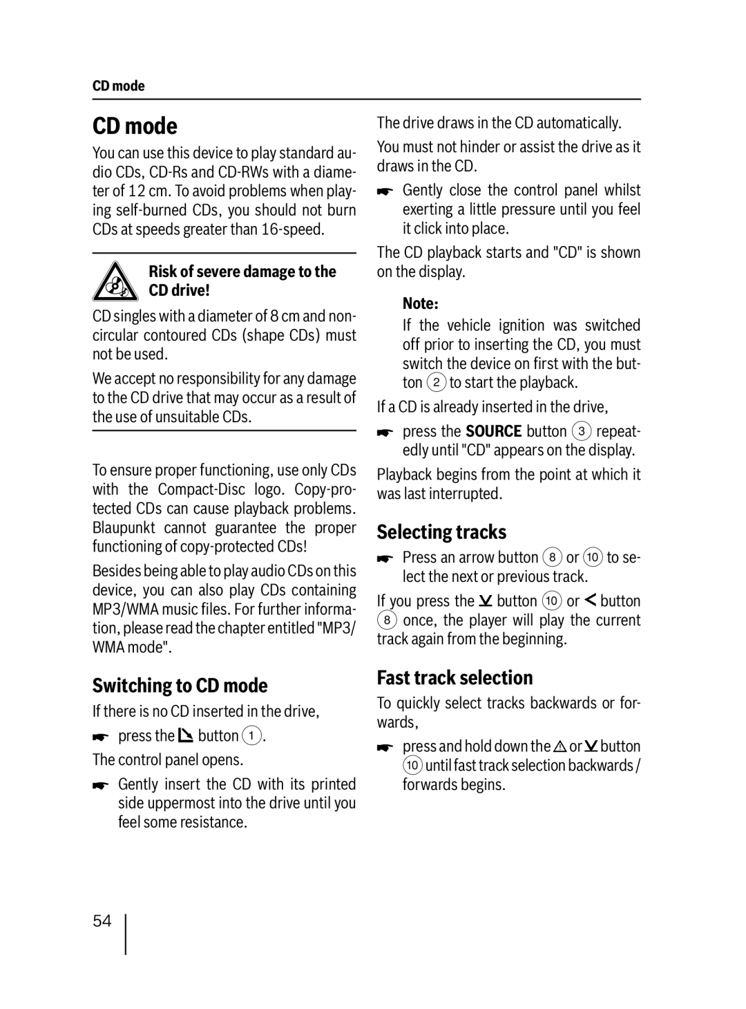 Blaupunkt 7 647 553 310 operating instructions Selecting tracks, Switching to CD mode, Fast track selection 