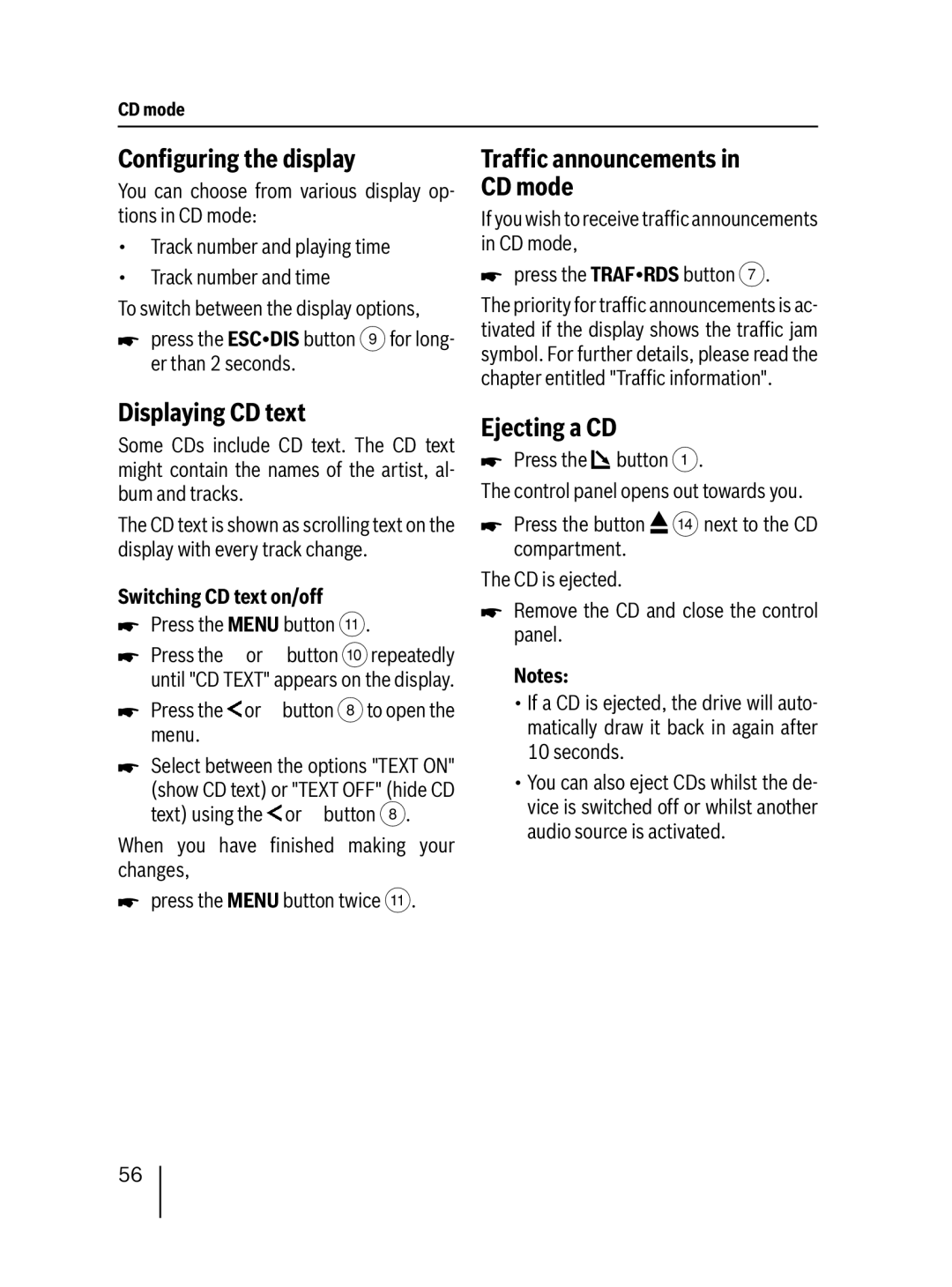 Blaupunkt 7 647 553 310 Conﬁguring the display, Displaying CD text, Ejecting a CD, Trafﬁc announcements in CD mode 