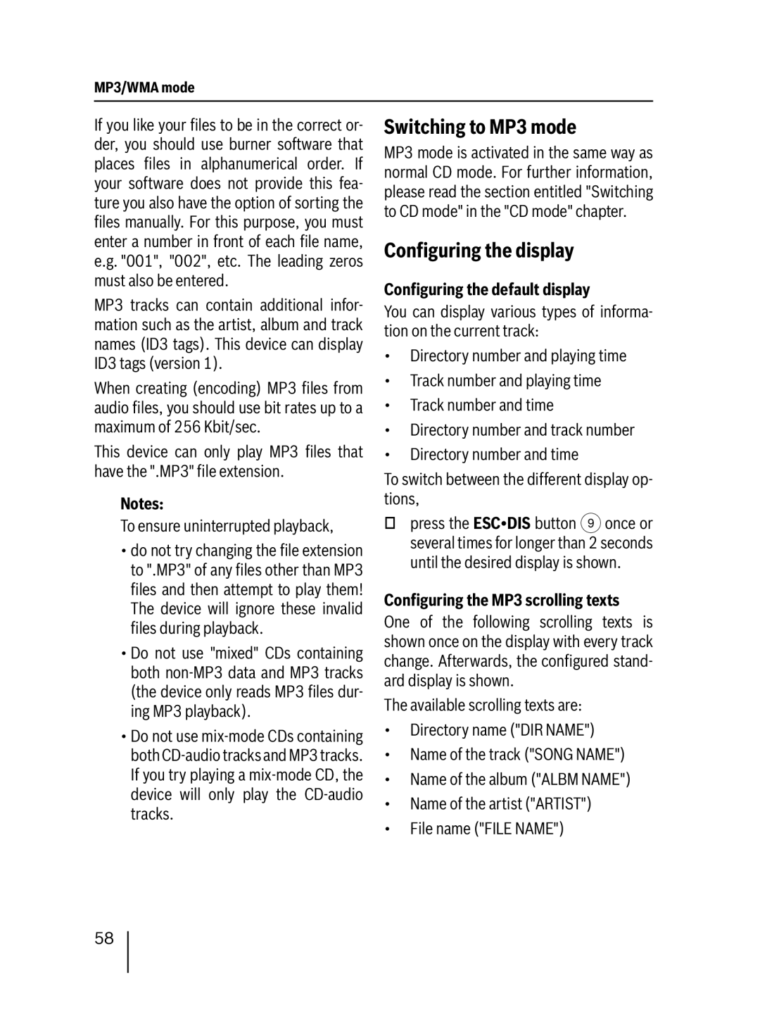 Blaupunkt 7 647 553 310 Switching to MP3 mode, Conﬁguring the default display, Conﬁguring the MP3 scrolling texts 