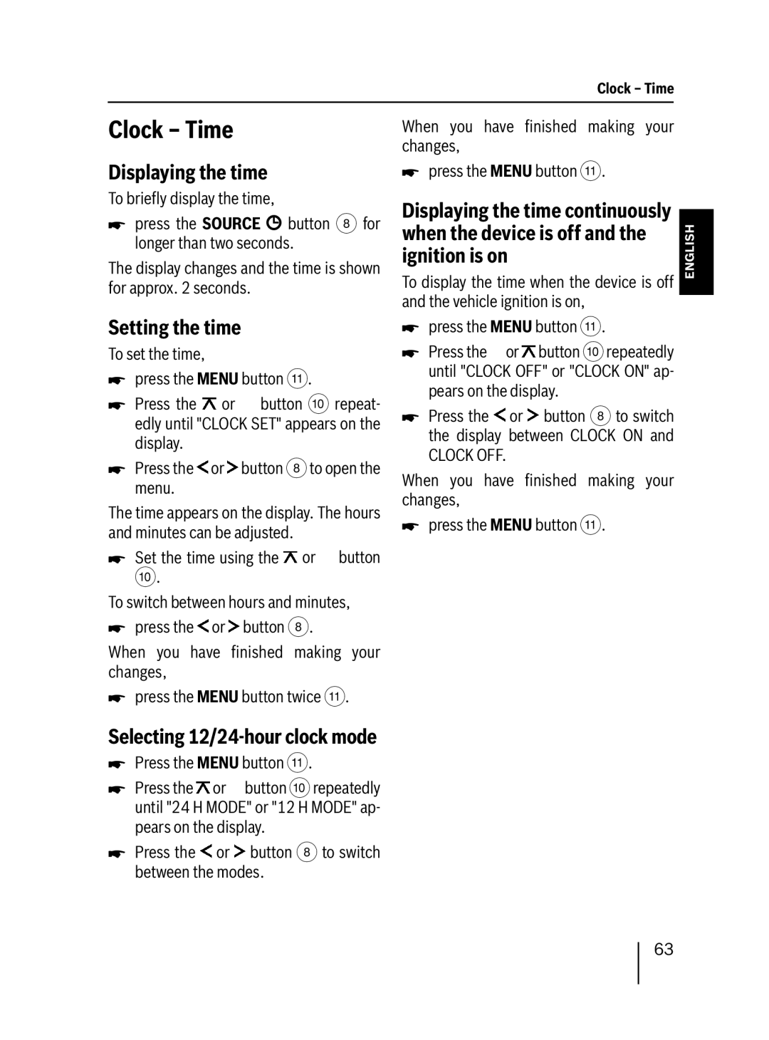 Blaupunkt 7 647 553 310 Clock Time, Displaying the time, Setting the time, Selecting 12/24-hour clock mode 