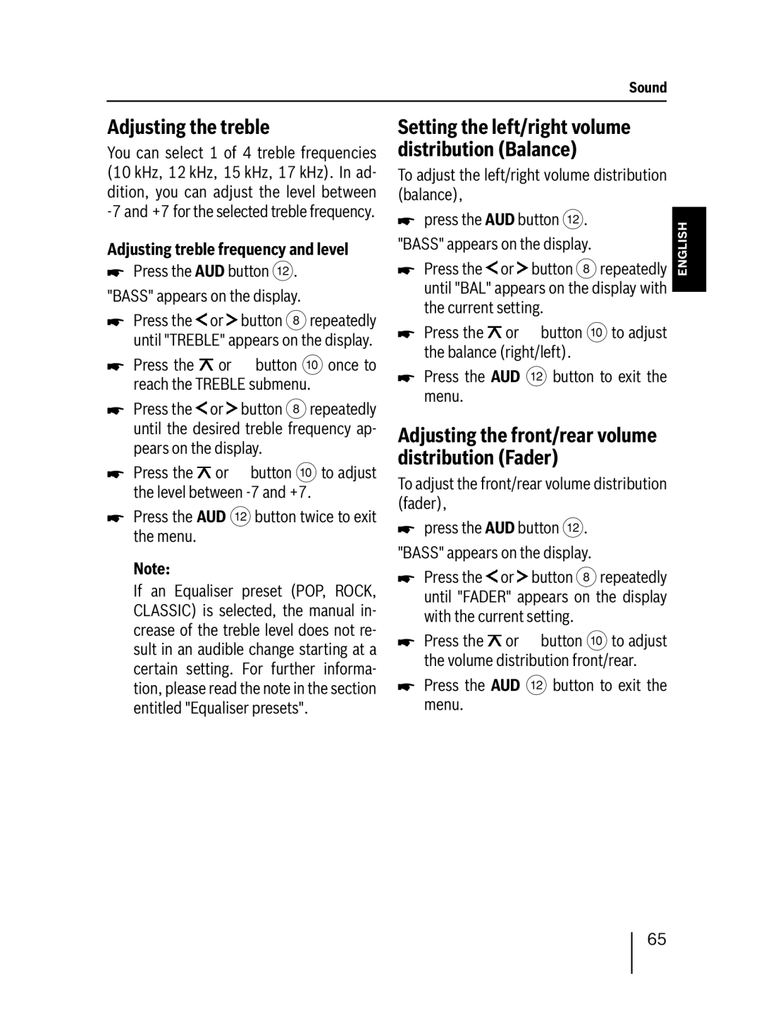 Blaupunkt 7 647 553 310 operating instructions Adjusting the treble, Adjusting the front/rear volume distribution Fader 