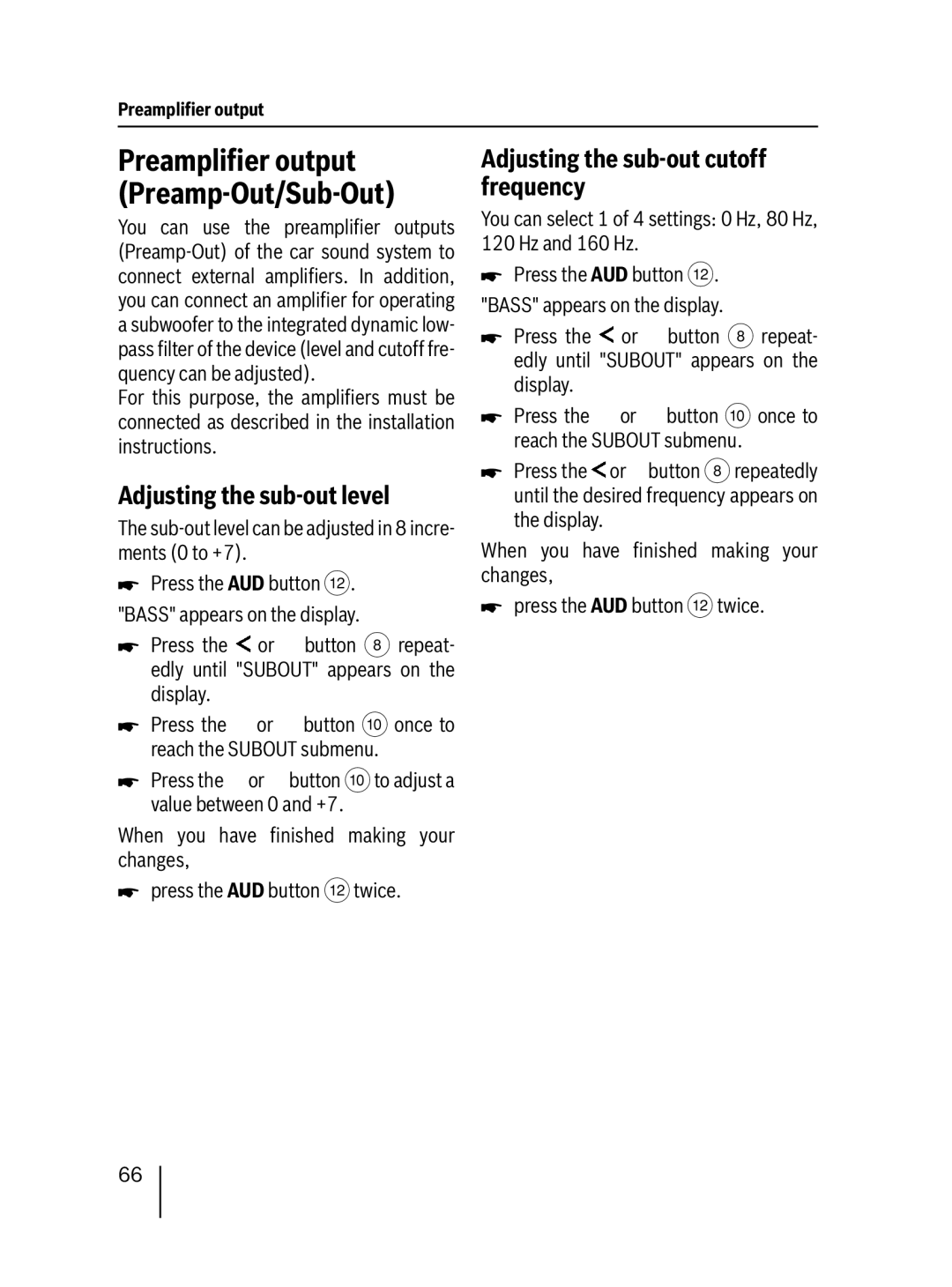 Blaupunkt 7 647 553 310 operating instructions Preampliﬁer output Preamp-Out/Sub-Out, Adjusting the sub-out level 