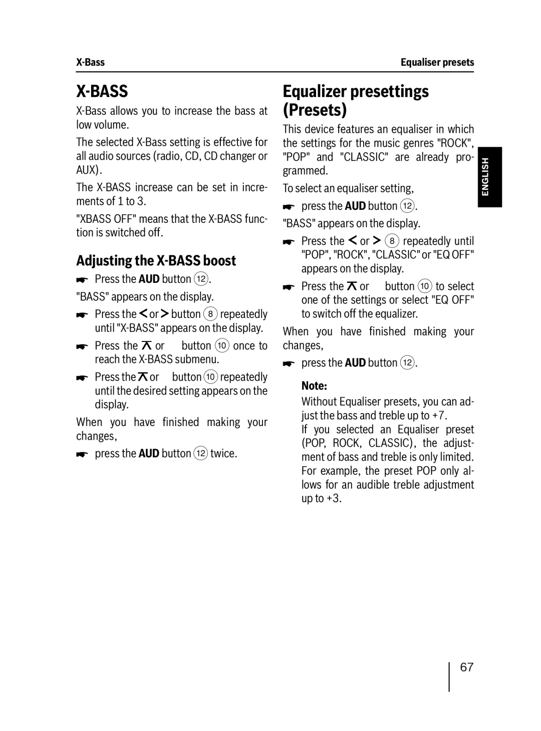 Blaupunkt 7 647 553 310 Adjusting the X-BASS boost, Equalizer presettings Presets, To select an equaliser setting 