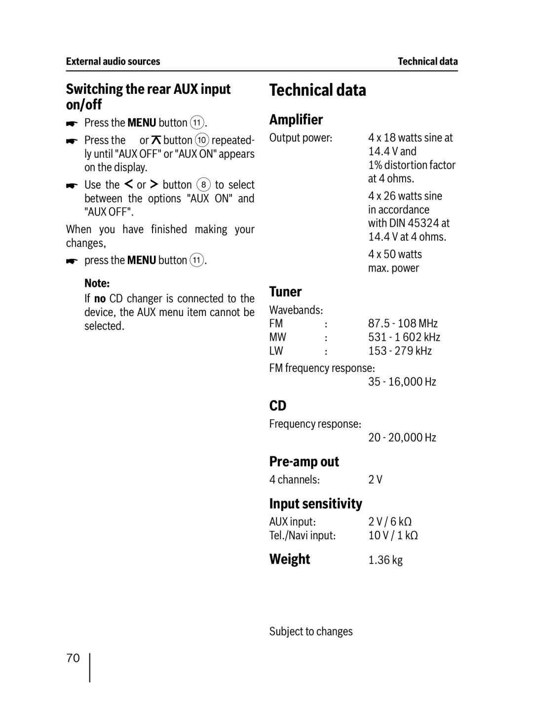 Blaupunkt 7 647 553 310 operating instructions Technical data 