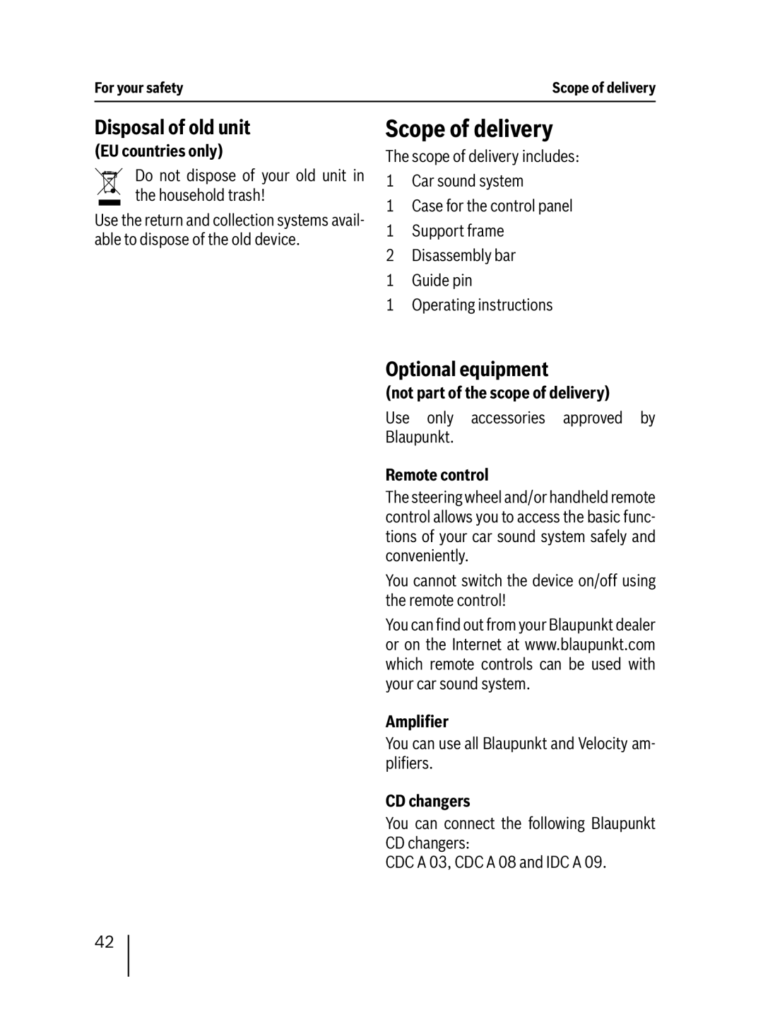 Blaupunkt 7 647 553 310 operating instructions Scope of delivery, Disposal of old unit, Optional equipment 