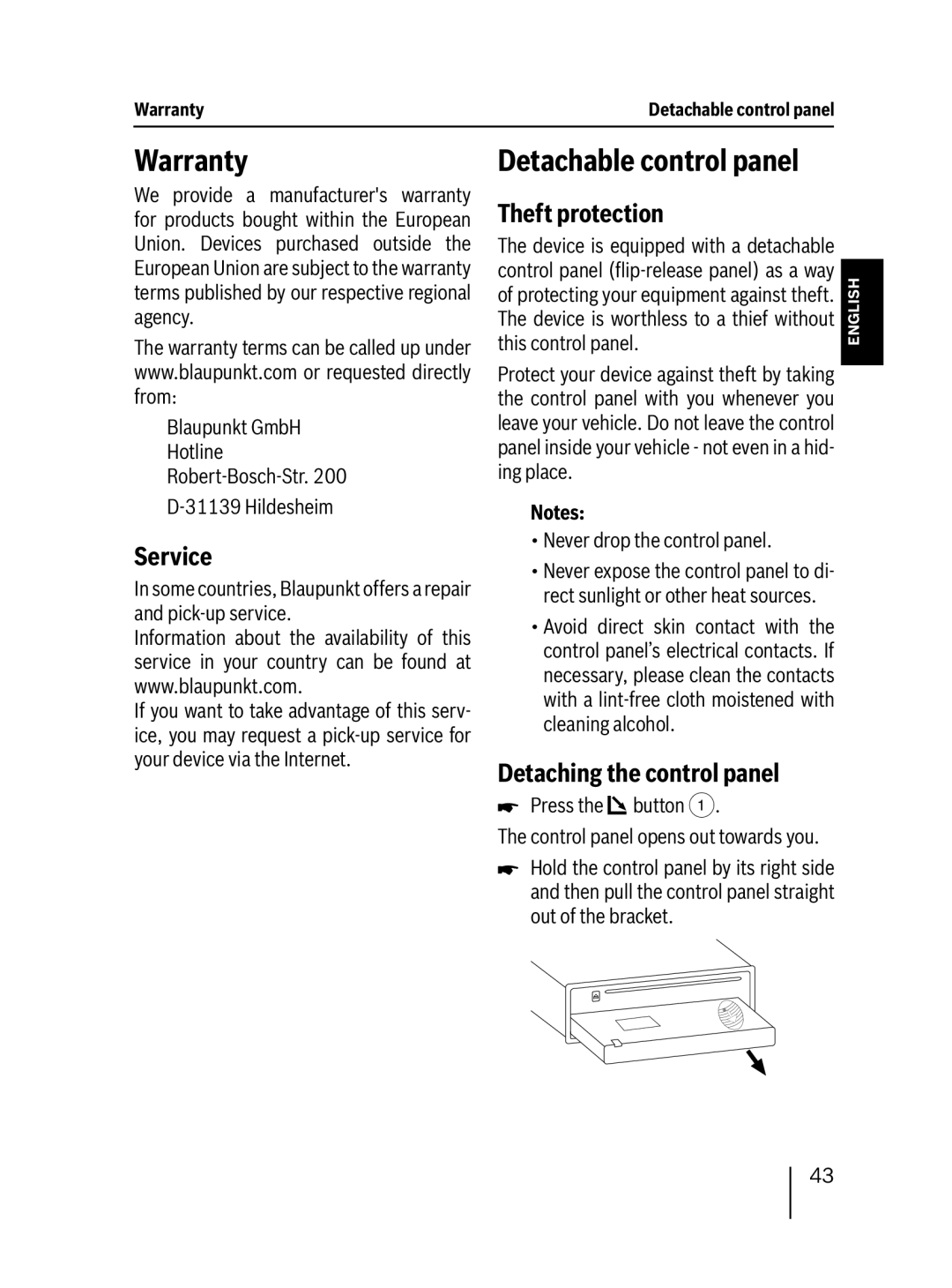 Blaupunkt 7 647 553 310 Warranty, Detachable control panel, Service, Theft protection, Detaching the control panel 