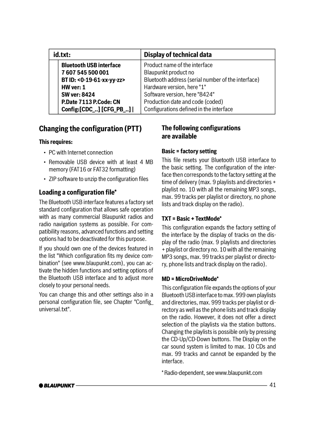 Blaupunkt 7607545500 manual Changing the conﬁguration PTT, Id.txt Display of technical data, Loading a conﬁguration ﬁle 