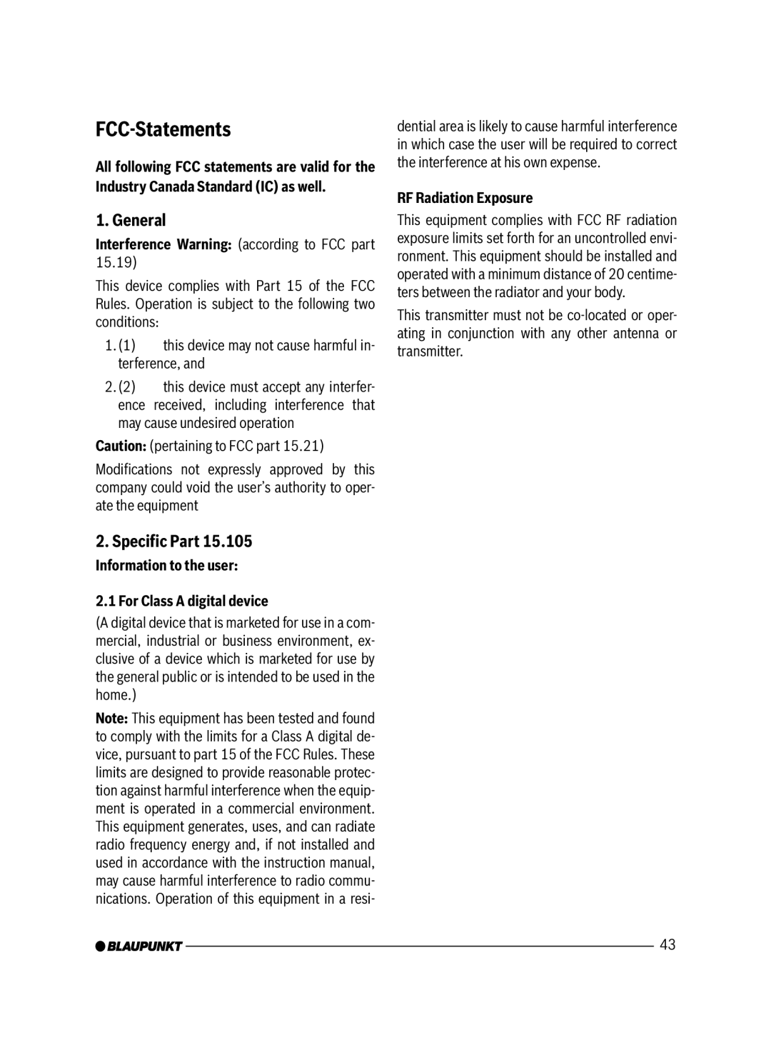 Blaupunkt 7607545500 manual General, Speciﬁc Part, Interference Warning according to FCC part, RF Radiation Exposure 