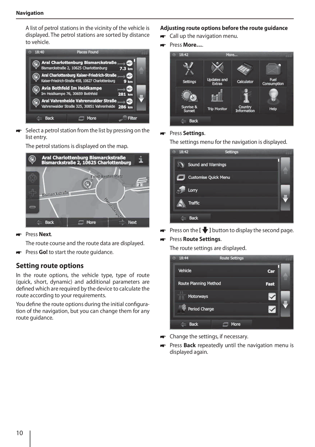 Blaupunkt 800 operating instructions Setting route options, Press Settings, Press Route Settings 