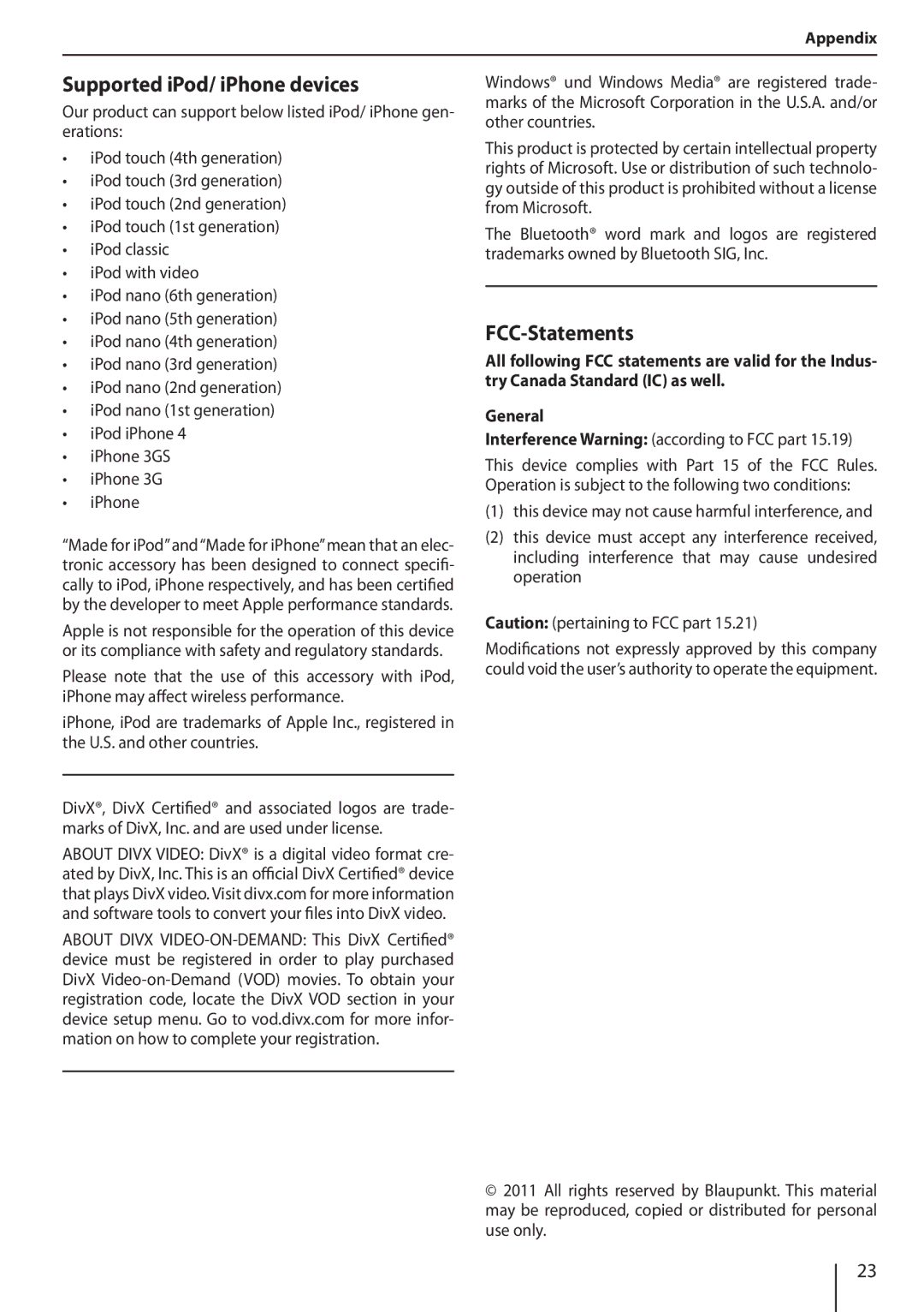 Blaupunkt 800 operating instructions Supported iPod/ iPhone devices, FCC-Statements 