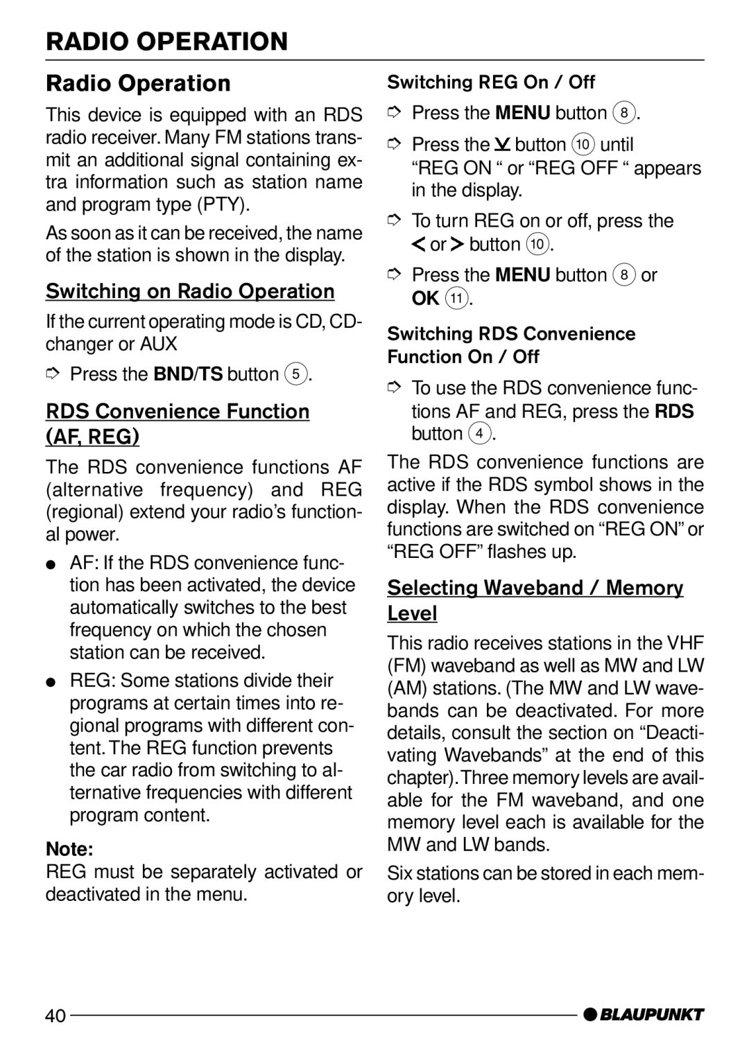 Blaupunkt Acapulco CD51 operating instructions Switching on Radio Operation, RDS Convenience Function AF, REG 