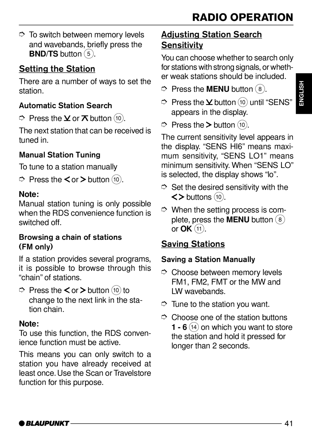 Blaupunkt Acapulco CD51 operating instructions Setting the Station, Adjusting Station Search Sensitivity, Saving Stations 