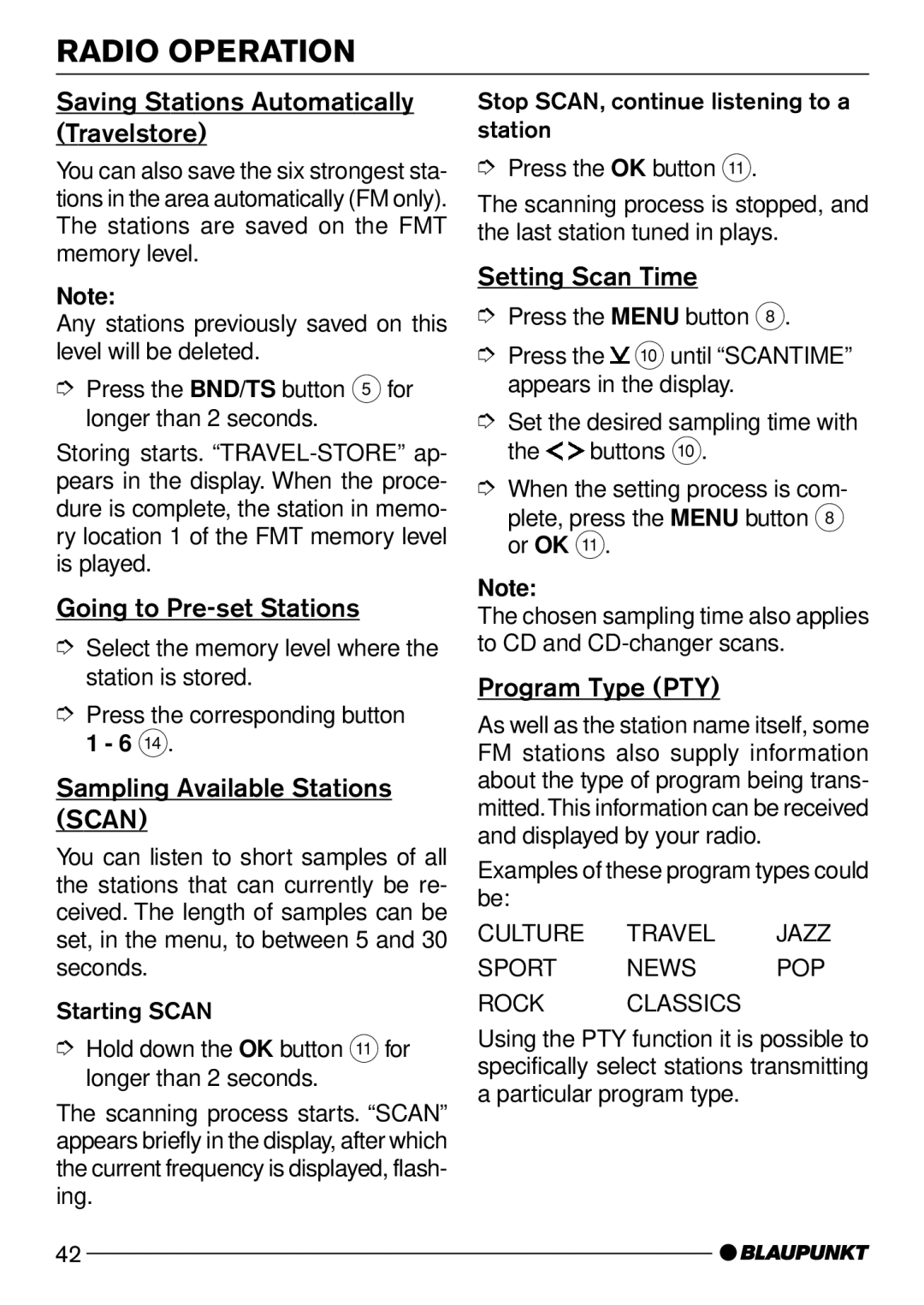 Blaupunkt Acapulco CD51 Saving Stations Automatically Travelstore, Going to Pre-set Stations, Setting Scan Time 