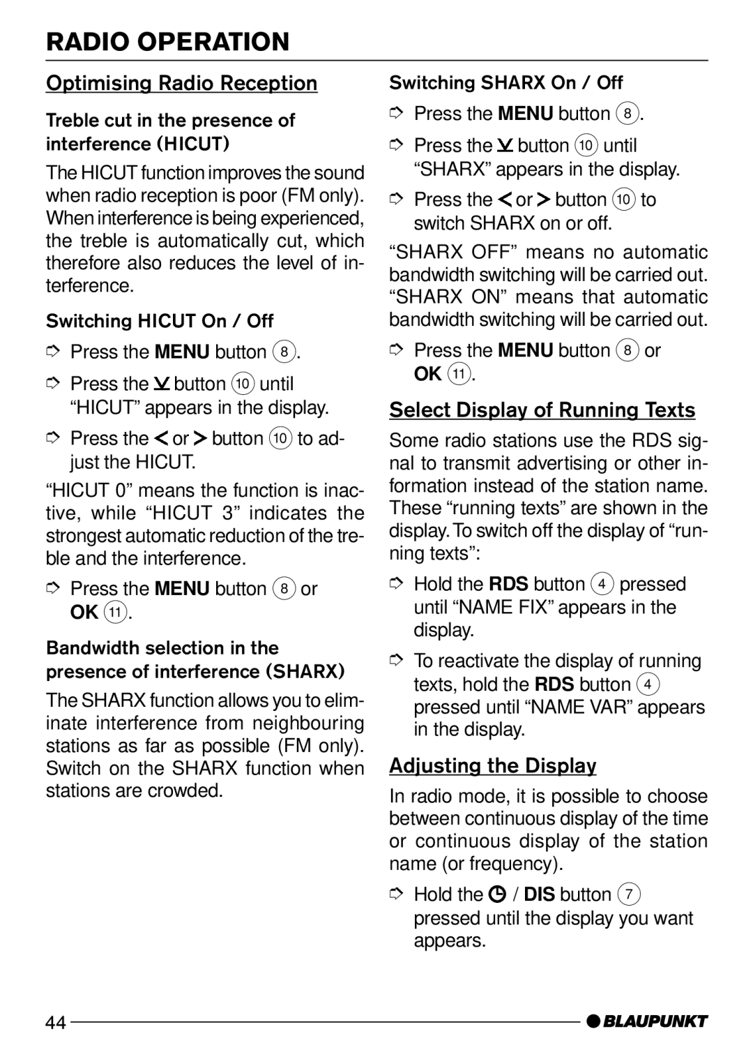 Blaupunkt Acapulco CD51 Optimising Radio Reception, Select Display of Running Texts, Adjusting the Display 