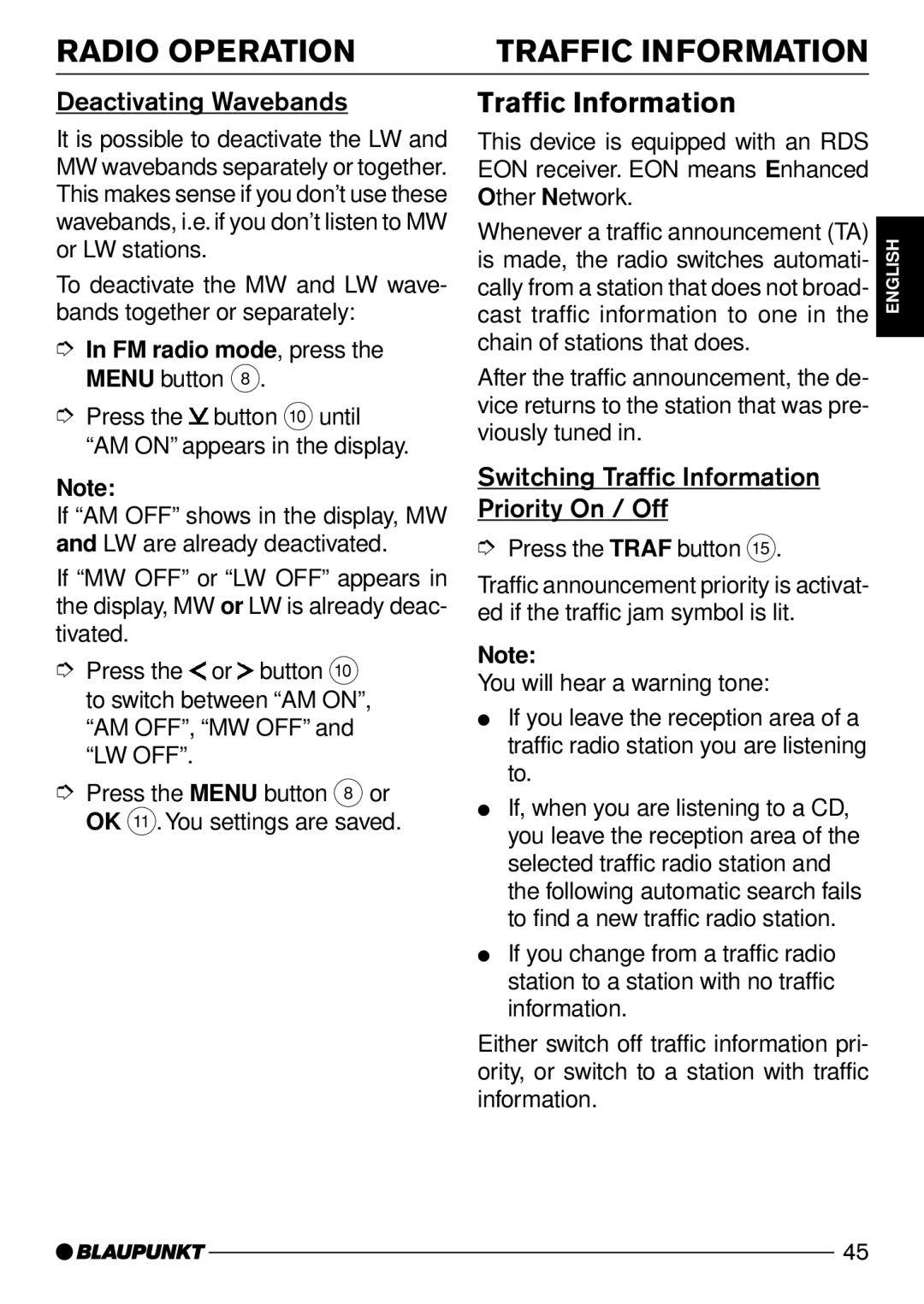 Blaupunkt Acapulco CD51 Radio Operation Traffic Information, Deactivating Wavebands, Press the Traf button ? 