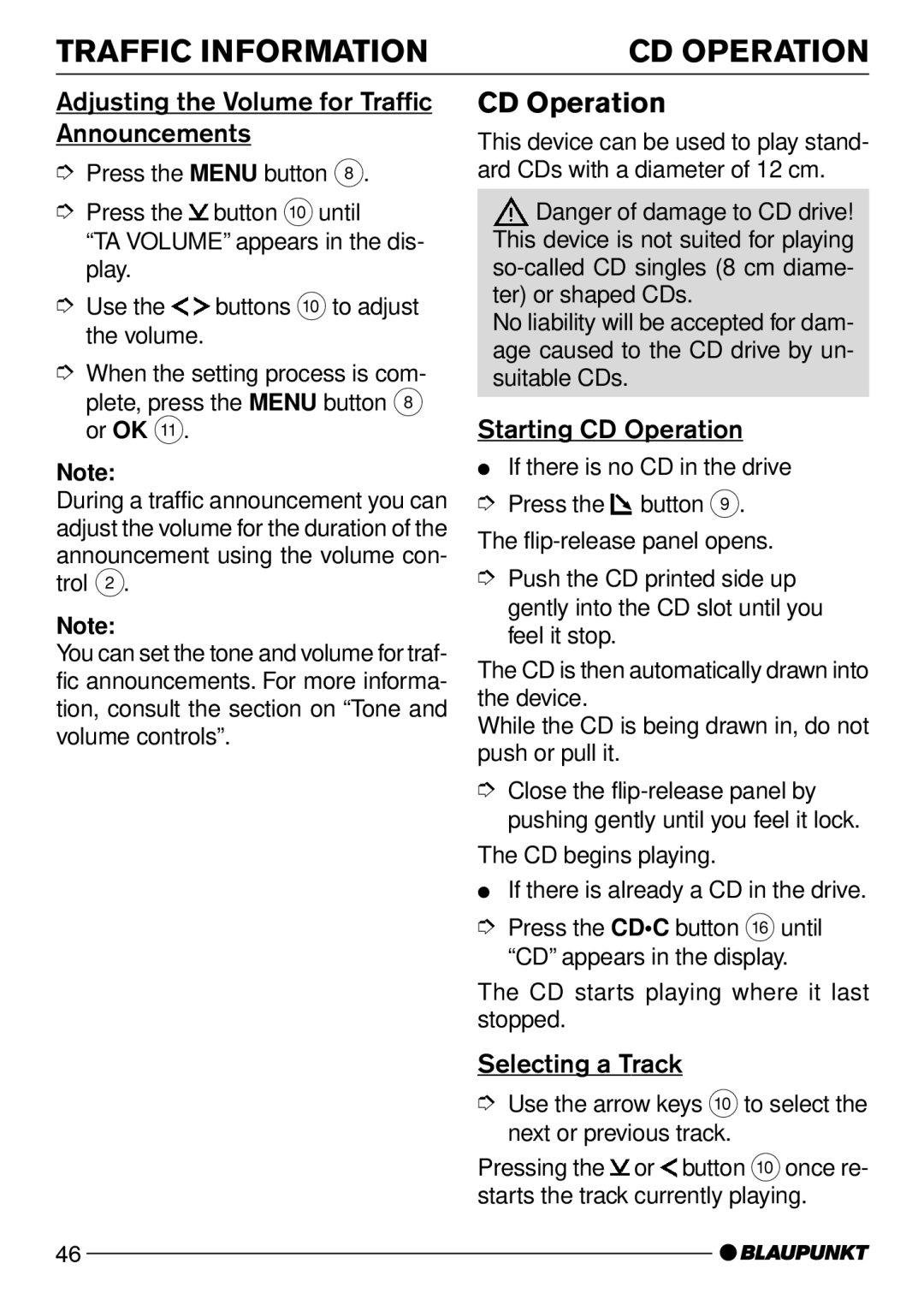 Blaupunkt Acapulco CD51 Adjusting the Volume for Traffic Announcements, Starting CD Operation, Selecting a Track 