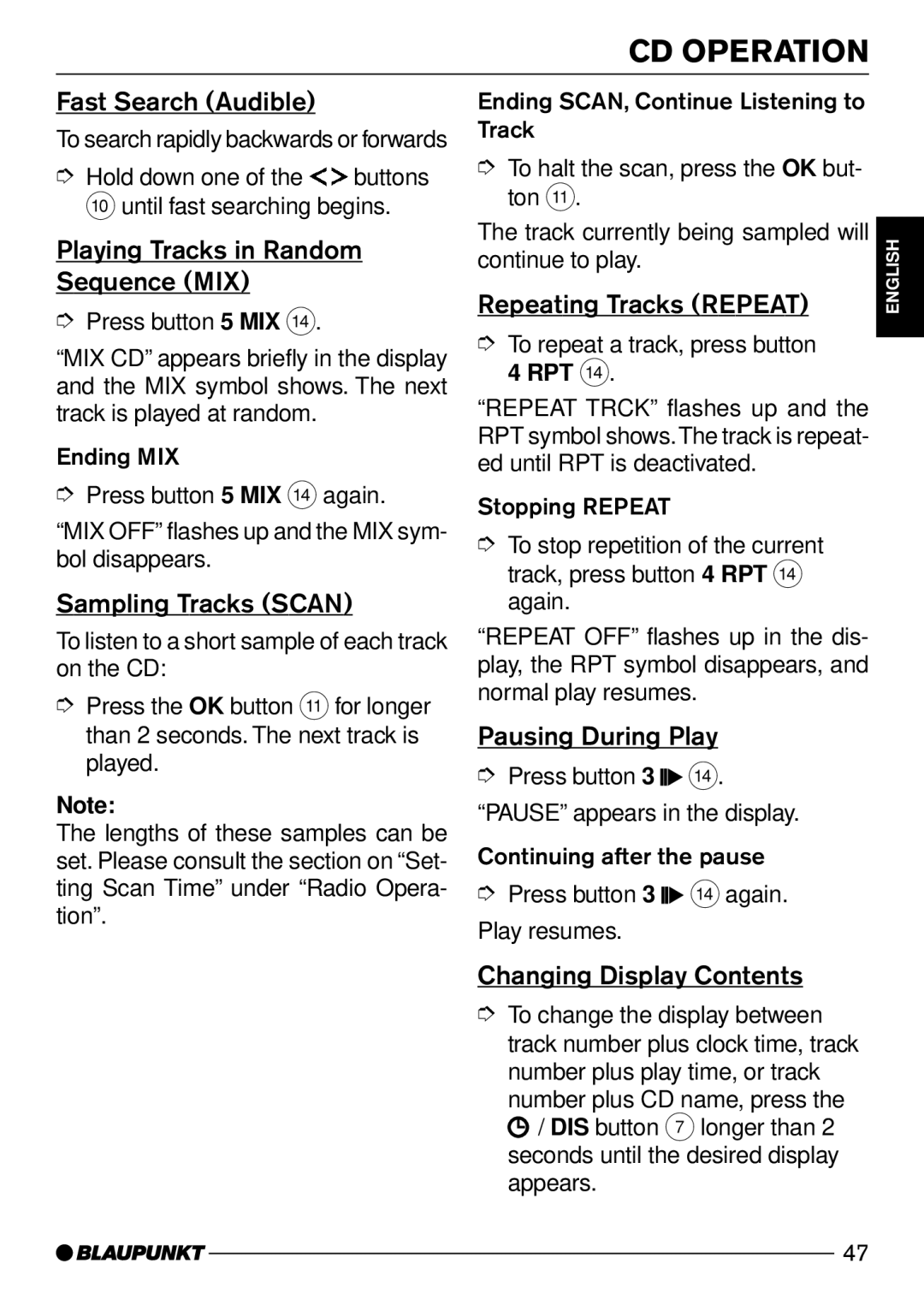 Blaupunkt Acapulco CD51 operating instructions CD Operation 