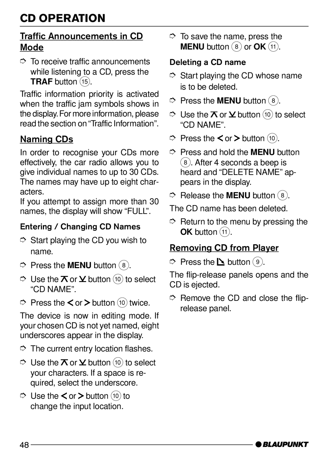 Blaupunkt Acapulco CD51 operating instructions Traffic Announcements in CD Mode, Naming CDs, Removing CD from Player 