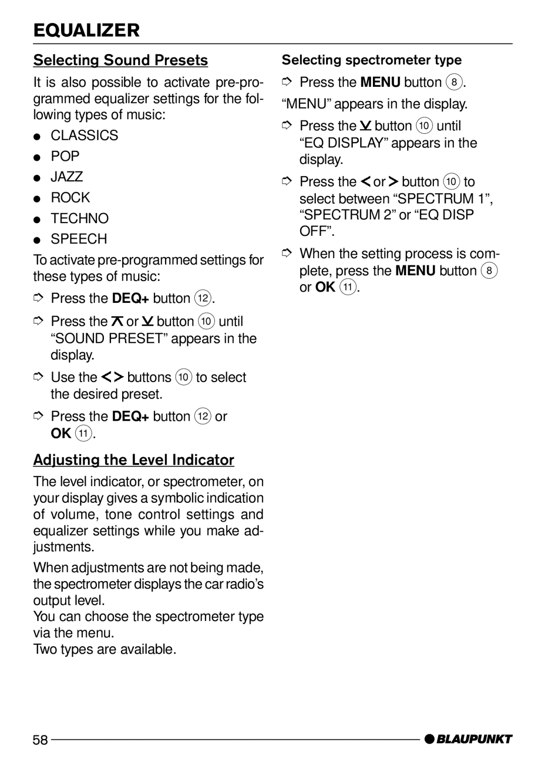 Blaupunkt Acapulco CD51 operating instructions Selecting Sound Presets, Adjusting the Level Indicator 