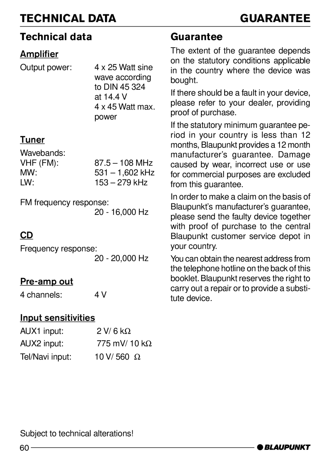 Blaupunkt Acapulco CD51 operating instructions Technical Data, Guarantee, Technical data 