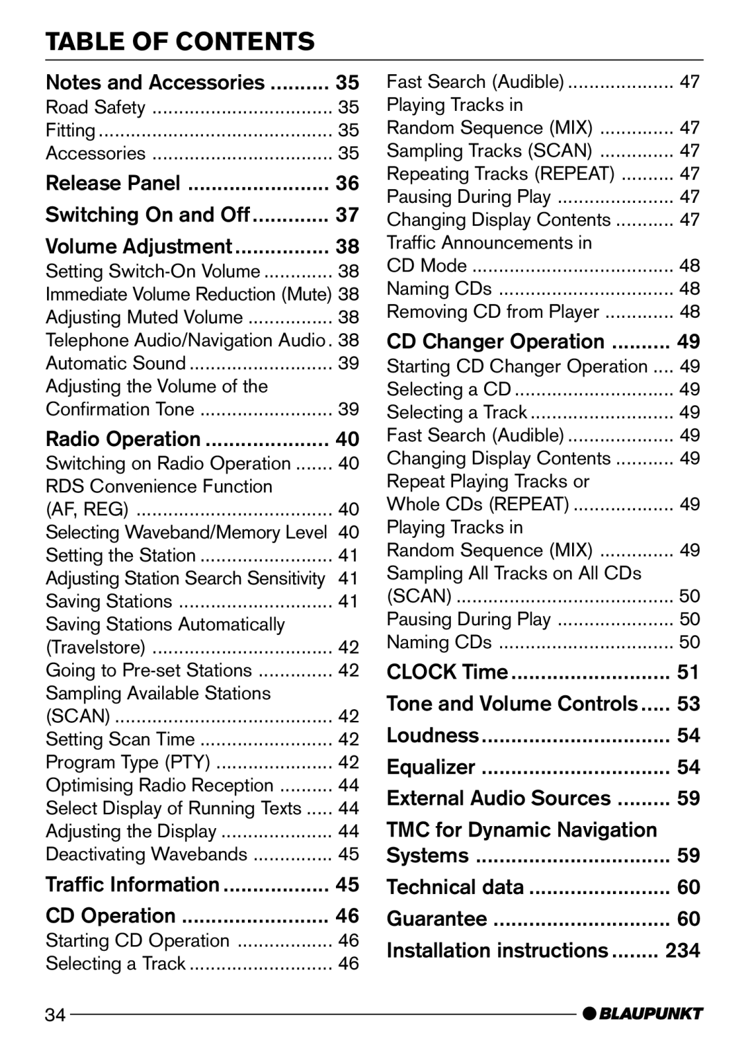 Blaupunkt Acapulco CD51 operating instructions Table of Contents 