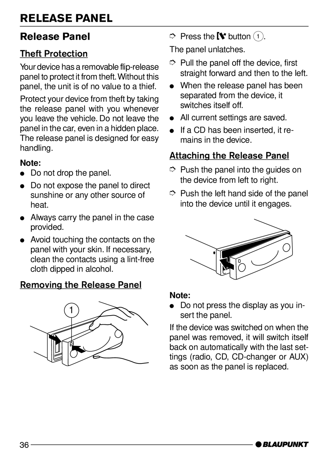 Blaupunkt Acapulco CD51 Theft Protection, Removing the Release Panel, Attaching the Release Panel 