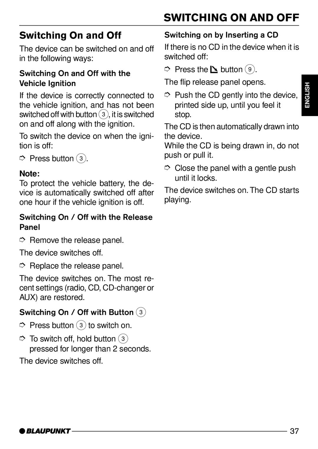 Blaupunkt Acapulco CD51 operating instructions Switching on and OFF, Switching On and Off 