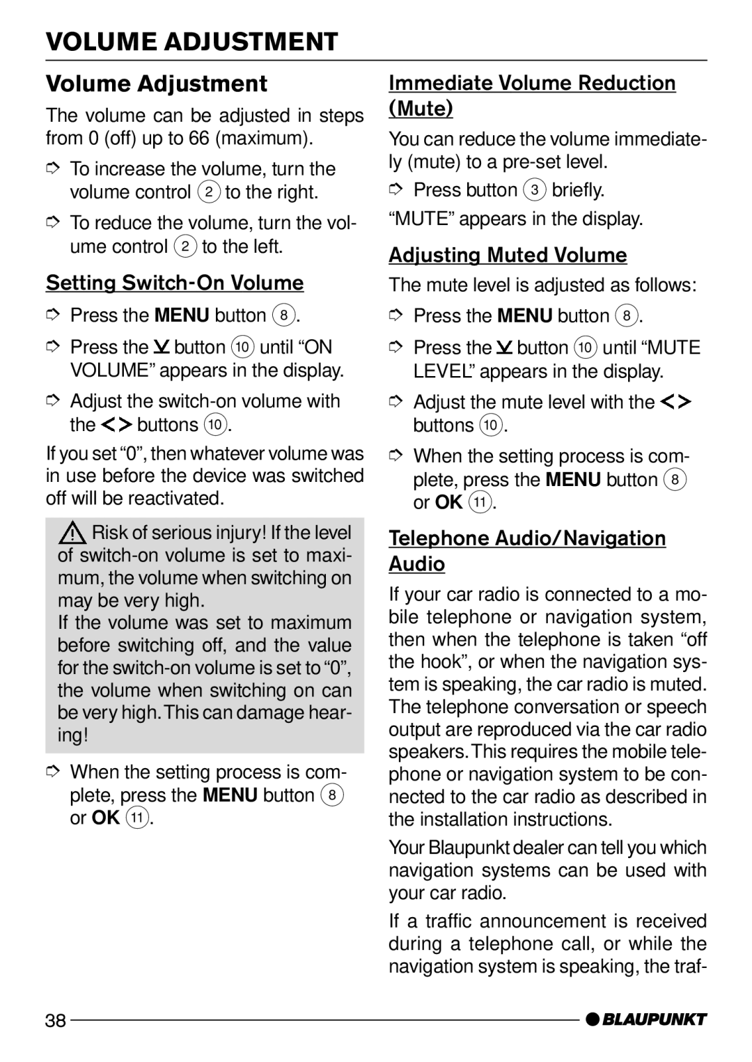 Blaupunkt Acapulco CD51 operating instructions Volume Adjustment 