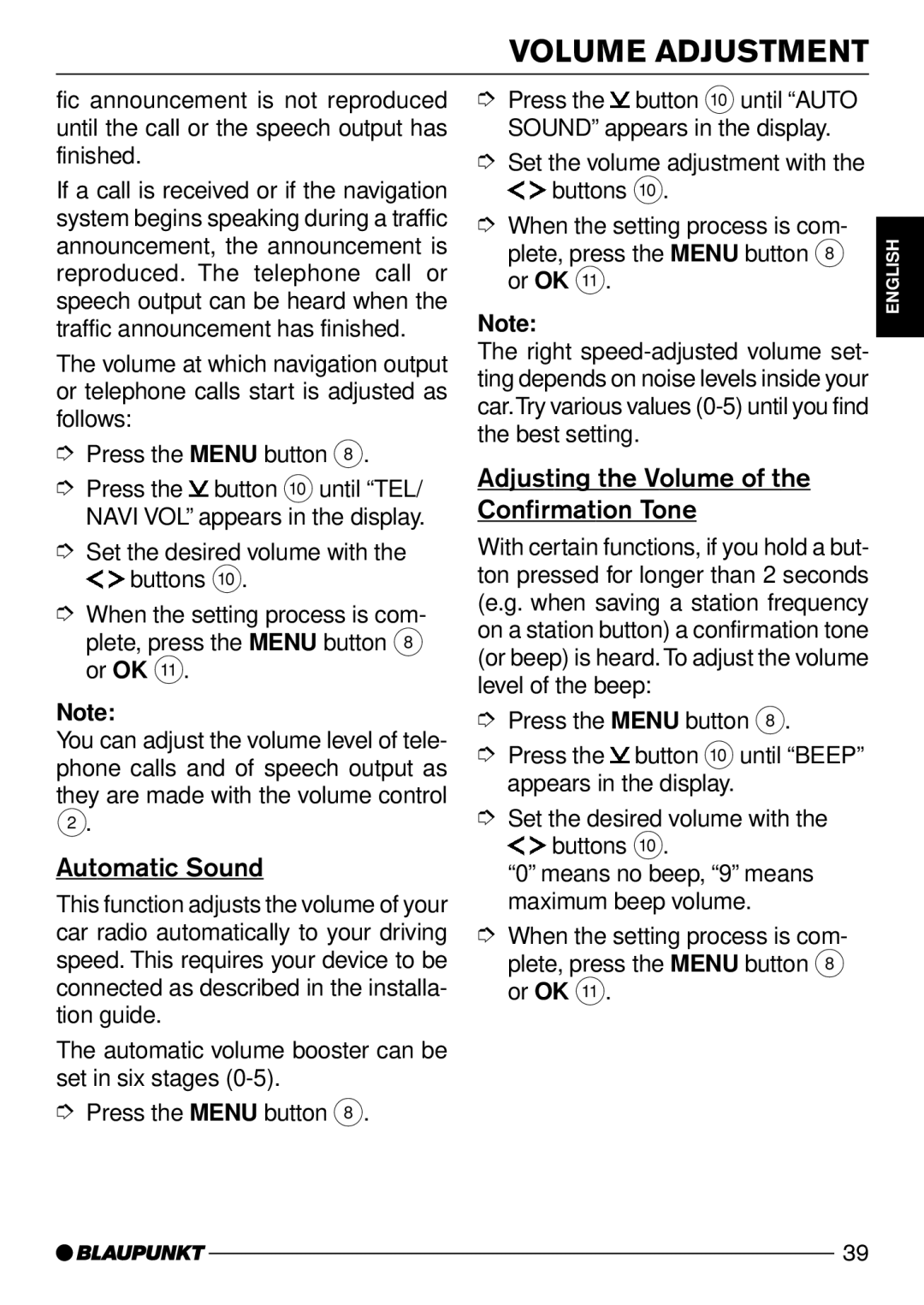 Blaupunkt Acapulco CD51 operating instructions Automatic Sound, Adjusting the Volume of the Confirmation Tone 