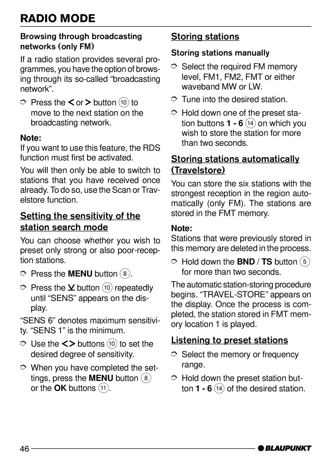 Blaupunkt Acapulco MP52 Setting the sensitivity of the station search mode, Storing stations, Listening to preset stations 