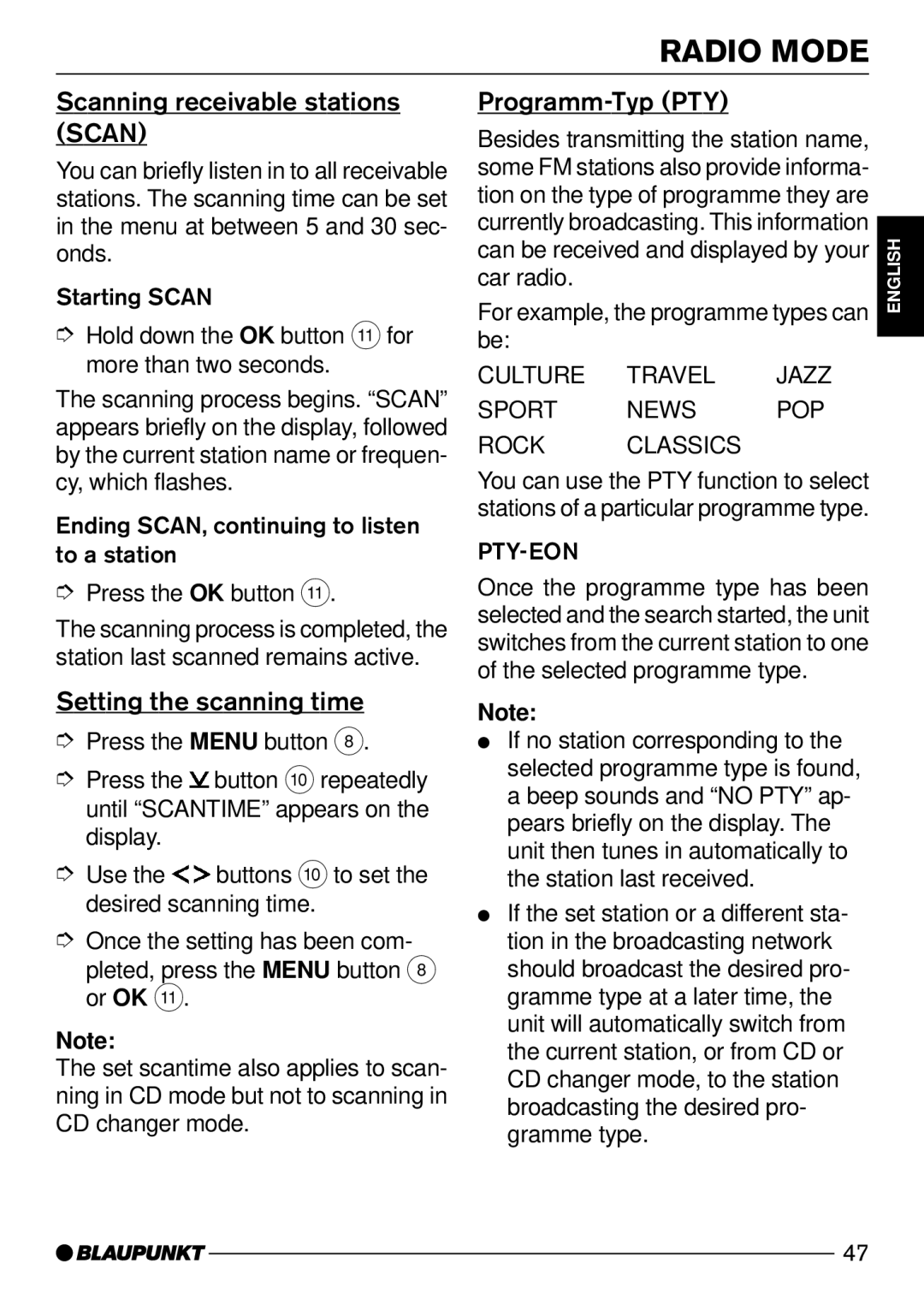 Blaupunkt Daytona MP53 Scanning receivable stations Scan, Setting the scanning time, Programm-Typ PTY, Pty-Eon 