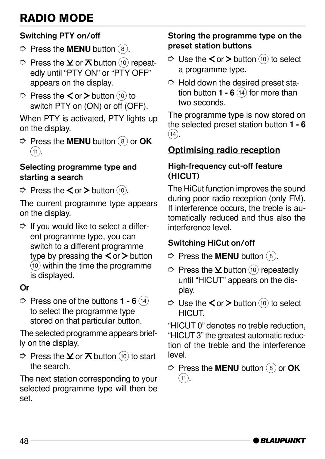 Blaupunkt Acapulco MP52, Daytona MP53 operating instructions Optimising radio reception, Hicut 