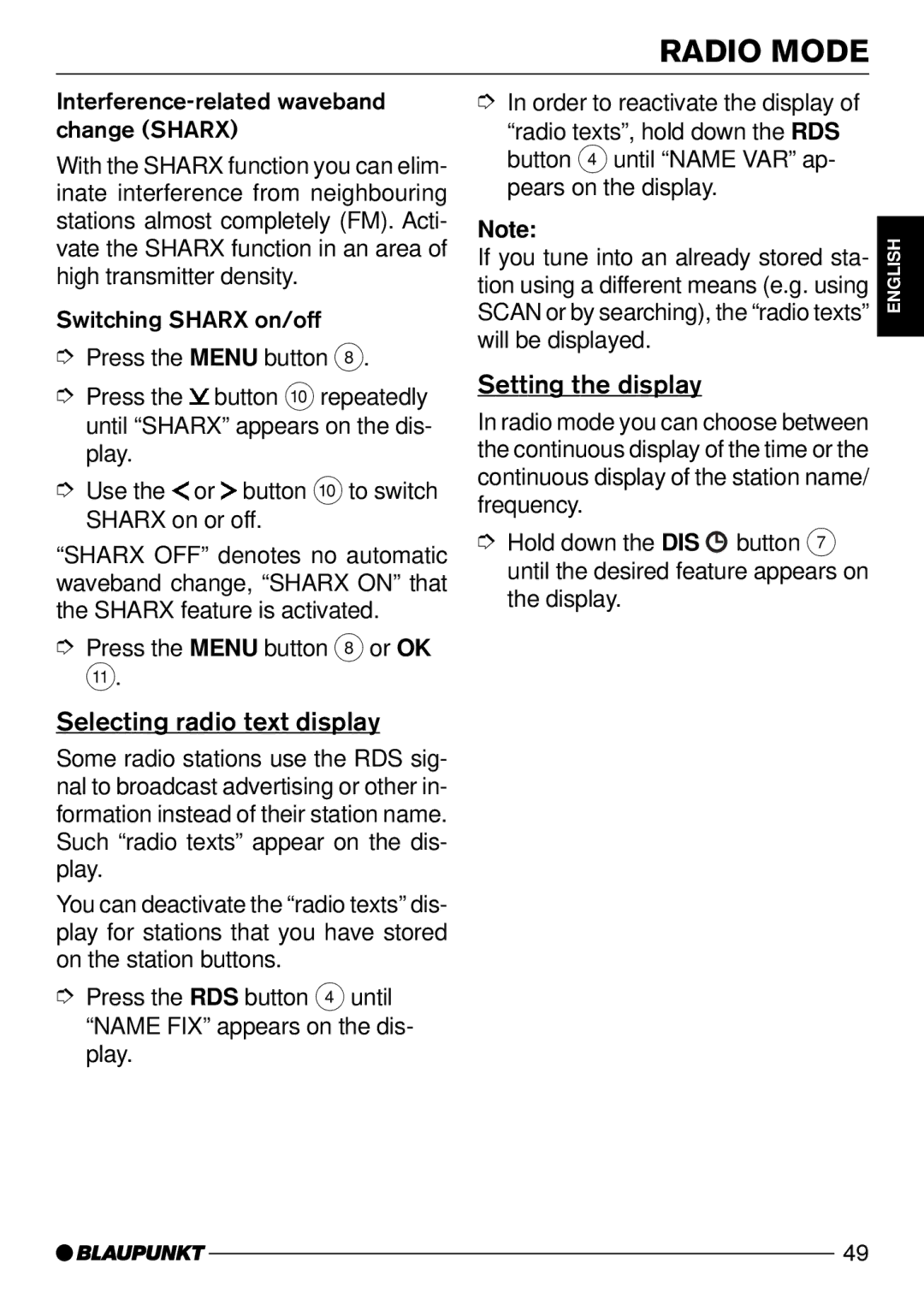 Blaupunkt Daytona MP53, Acapulco MP52 operating instructions Selecting radio text display, Setting the display 