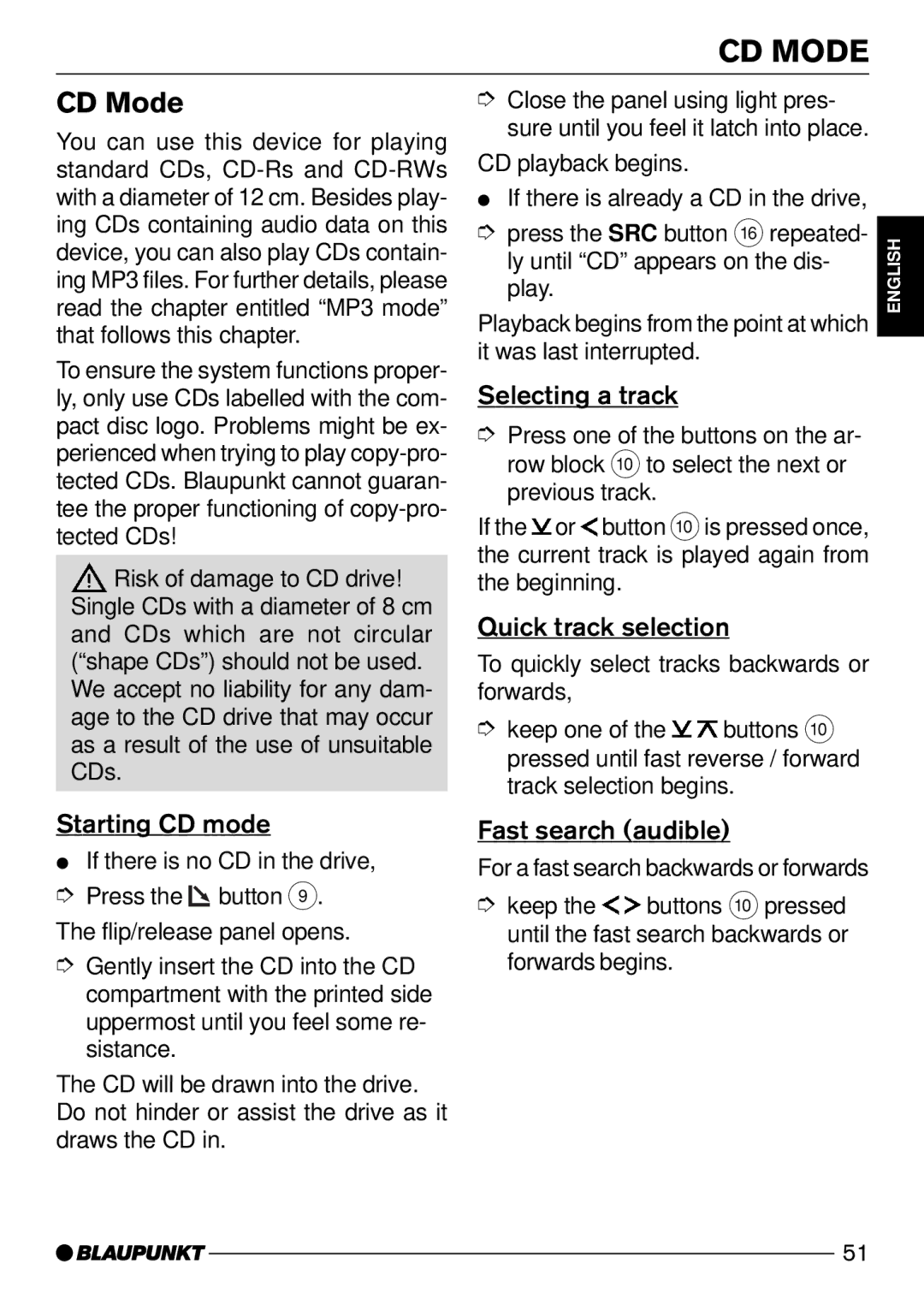 Blaupunkt Daytona MP53, Acapulco MP52 operating instructions CD Mode 