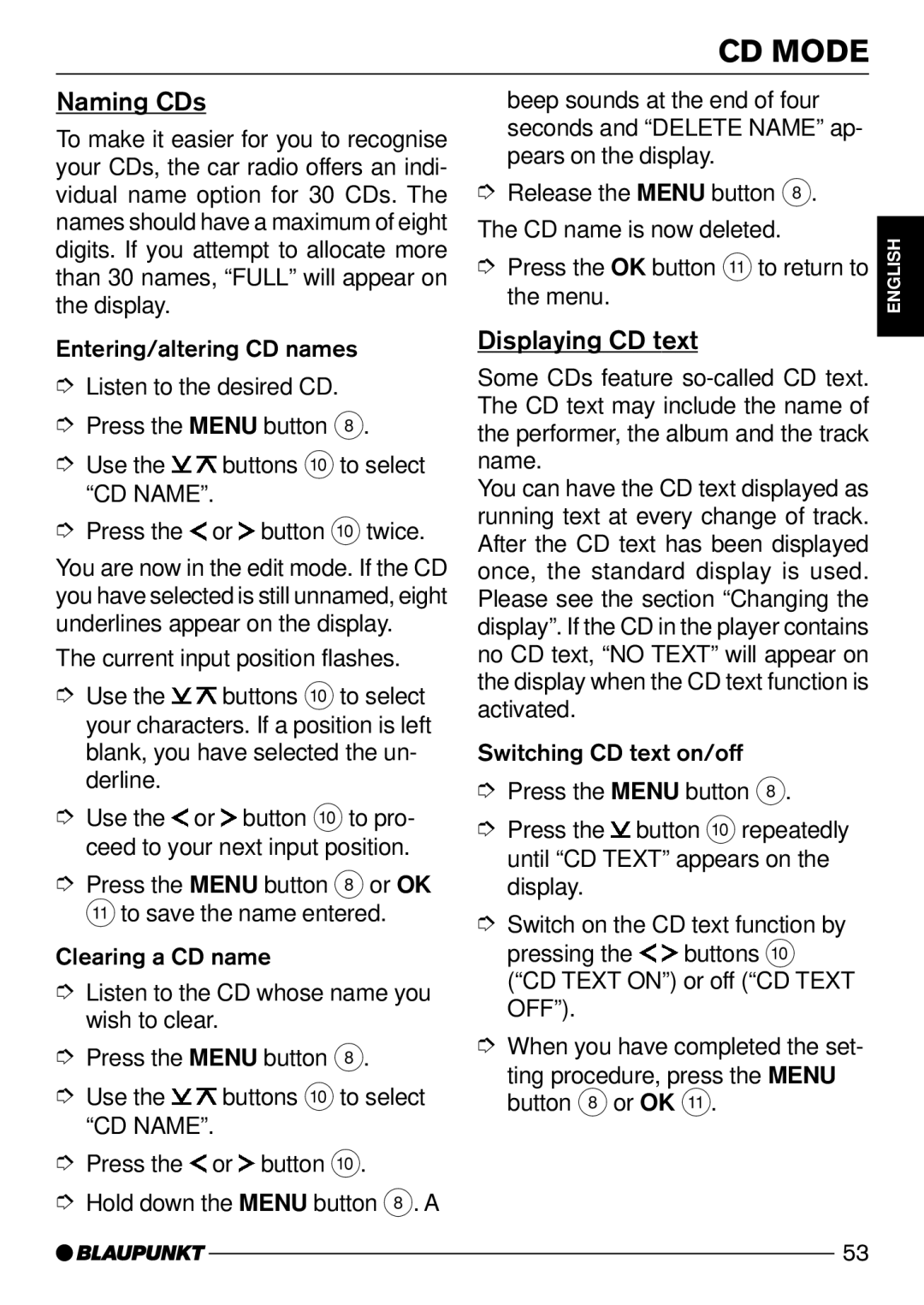 Blaupunkt Daytona MP53 Naming CDs, Displaying CD text, Beep sounds at the end of four Seconds and Delete Name ap 