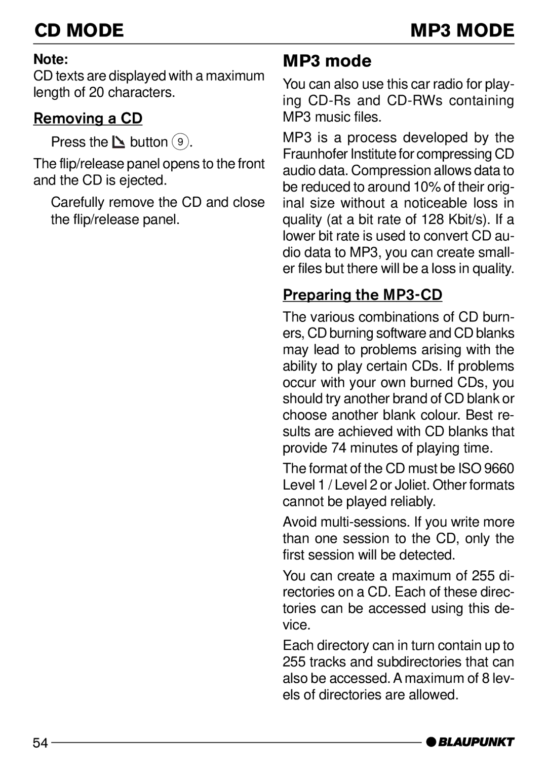 Blaupunkt Acapulco MP52, Daytona MP53 operating instructions CD Mode MP3 Mode, MP3 mode, Removing a CD, Preparing the MP3-CD 