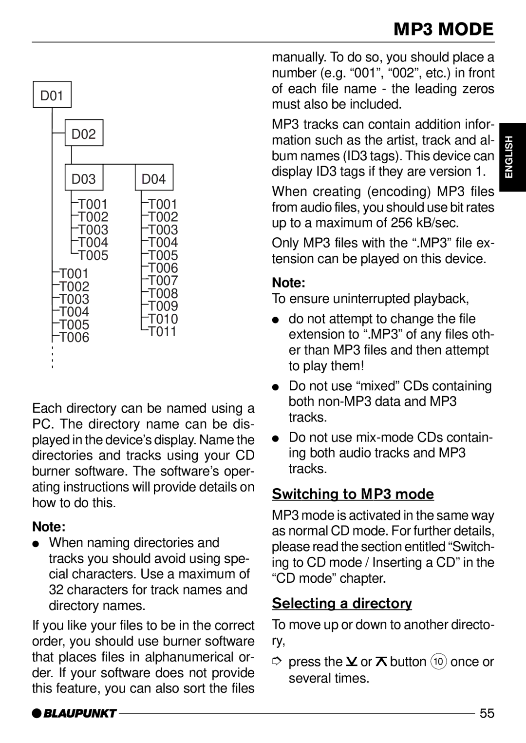 Blaupunkt Daytona MP53, Acapulco MP52 operating instructions Switching to MP3 mode, Selecting a directory, CD mode chapter 