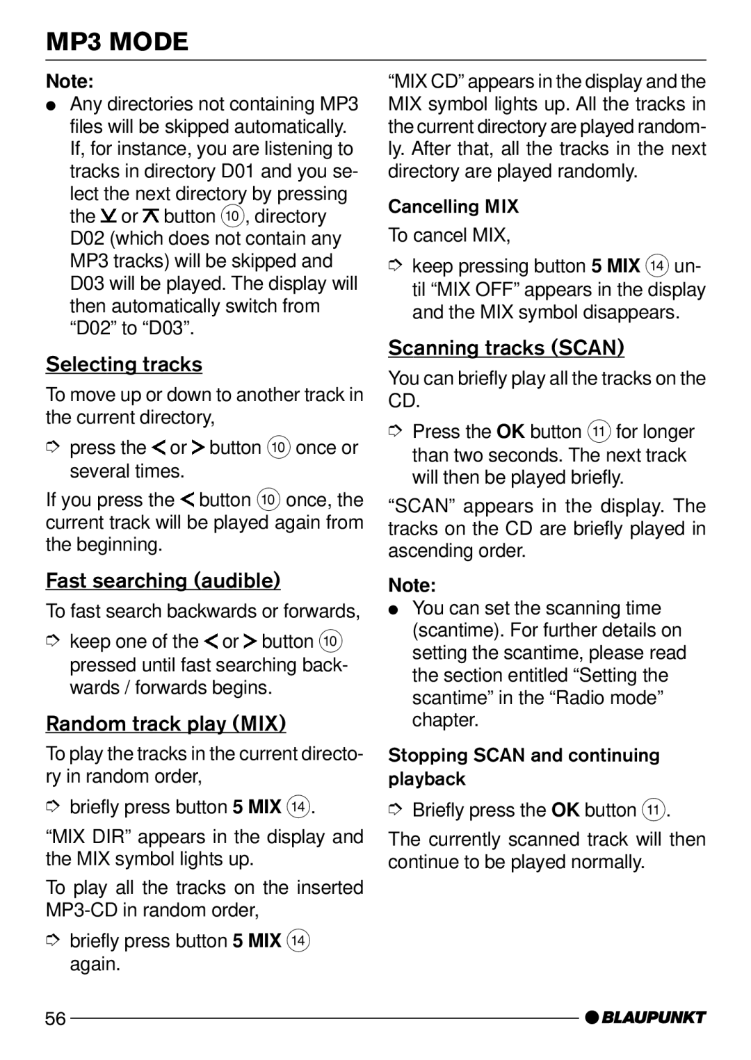 Blaupunkt Acapulco MP52, Daytona MP53 operating instructions Selecting tracks, Fast searching audible, Random track play MIX 