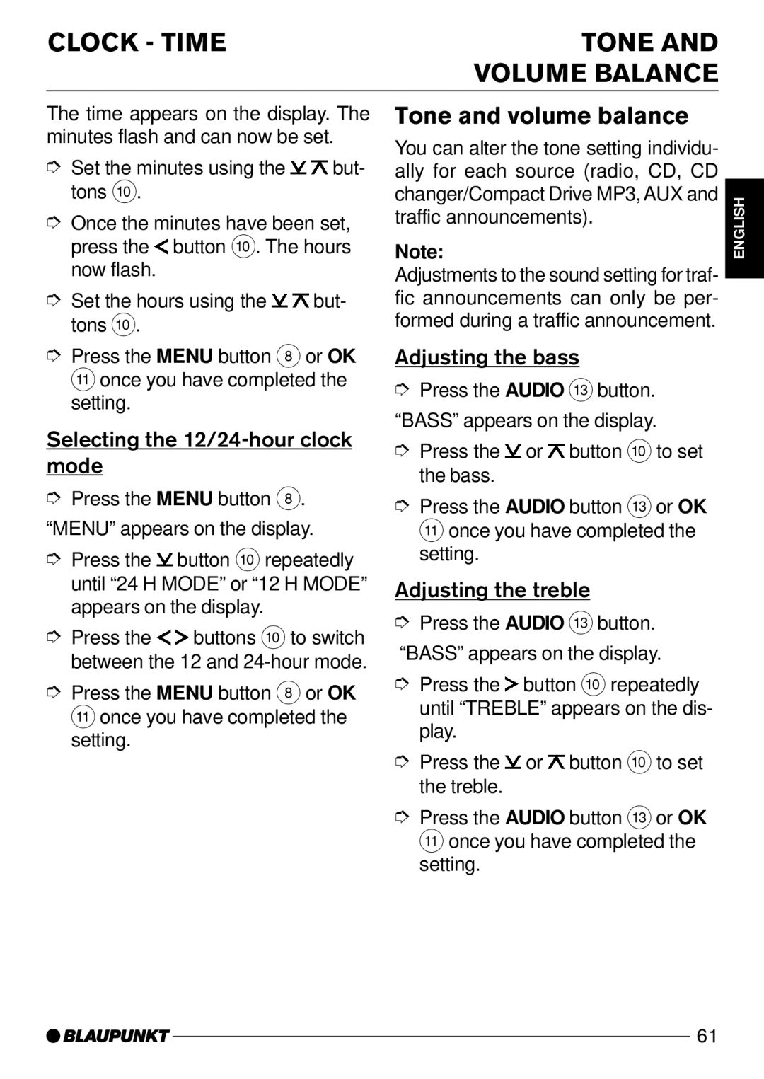 Blaupunkt Daytona MP53, Acapulco MP52 Clock Time Tone Volume Balance, Tone and volume balance, Adjusting the bass, Mode 