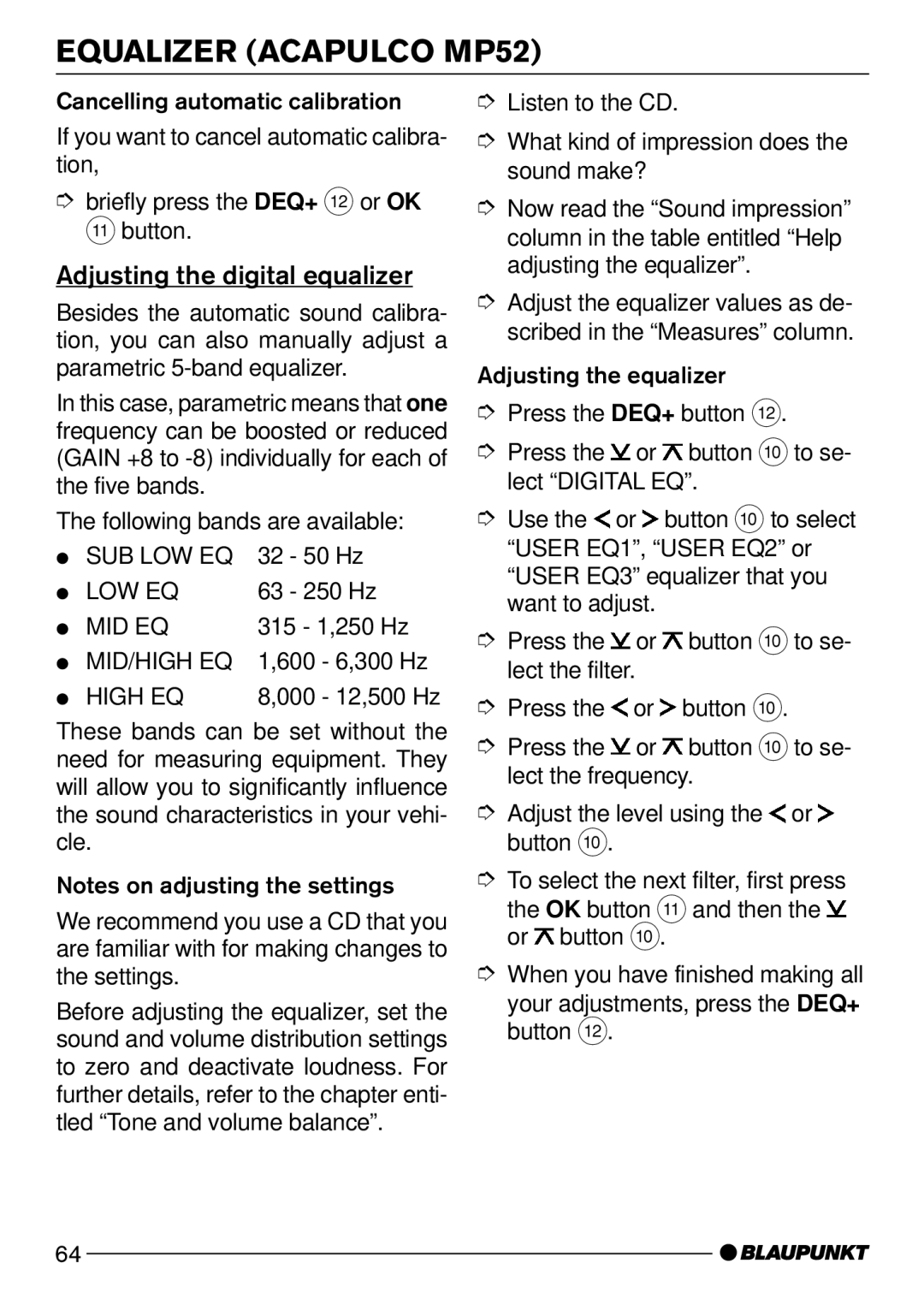 Blaupunkt Acapulco MP52, Daytona MP53 operating instructions Adjusting the digital equalizer 