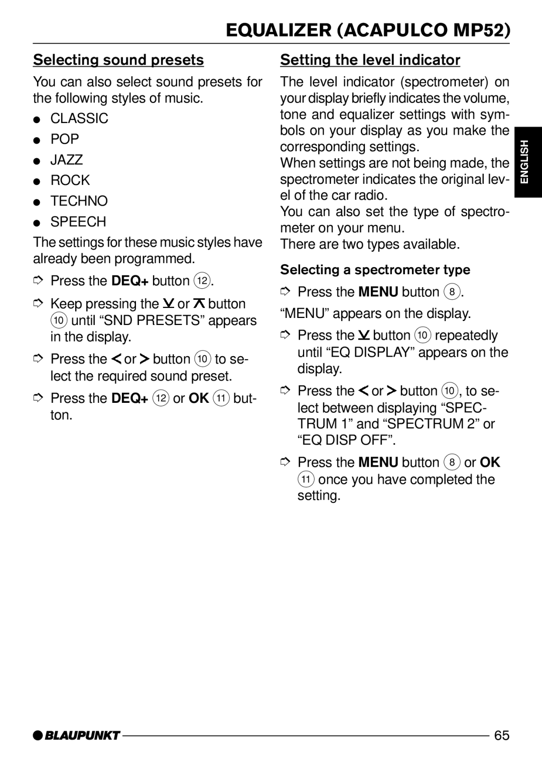 Blaupunkt Daytona MP53 Selecting sound presets, Setting the level indicator, Classic POP Jazz Rock Techno Speech 